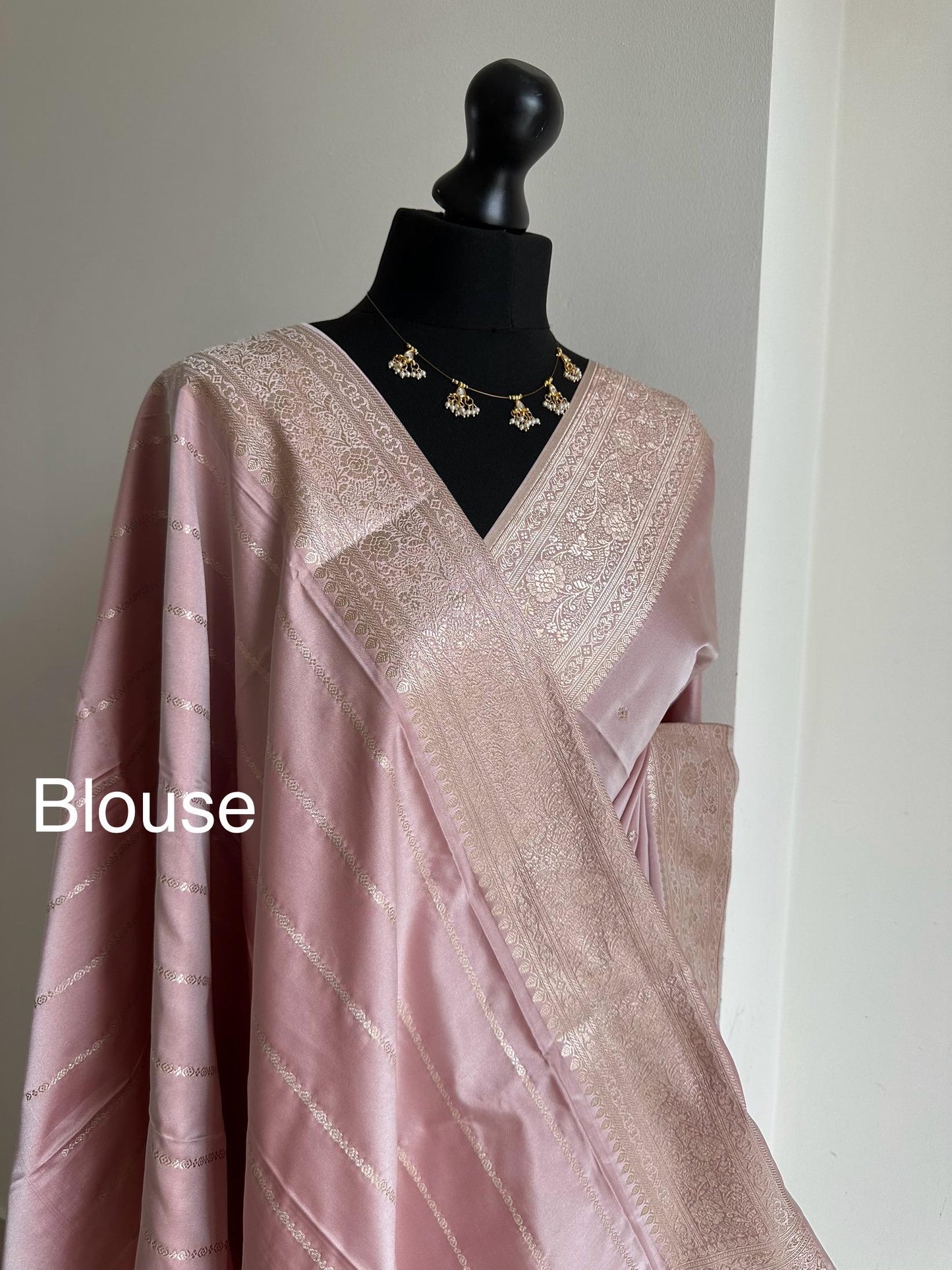 Powder pink Katan silk Wedding Saree with gold Zari. Gold and soft pink stunning saree for bridal and occasion wear