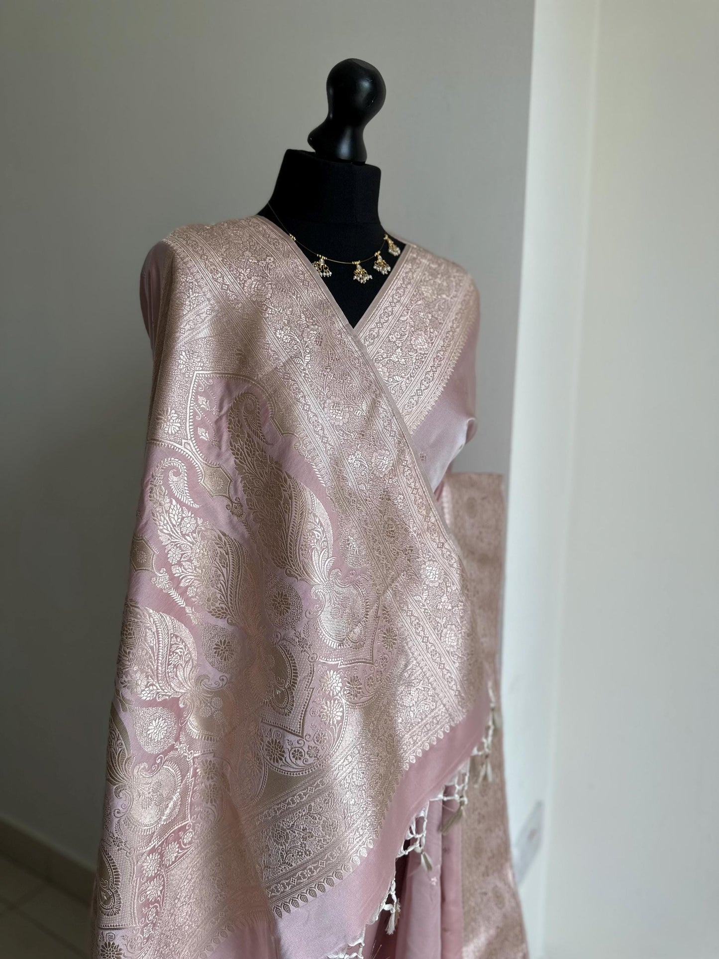 Powder pink Katan silk Wedding Saree with gold Zari. Gold and soft pink stunning saree for bridal and occasion wear