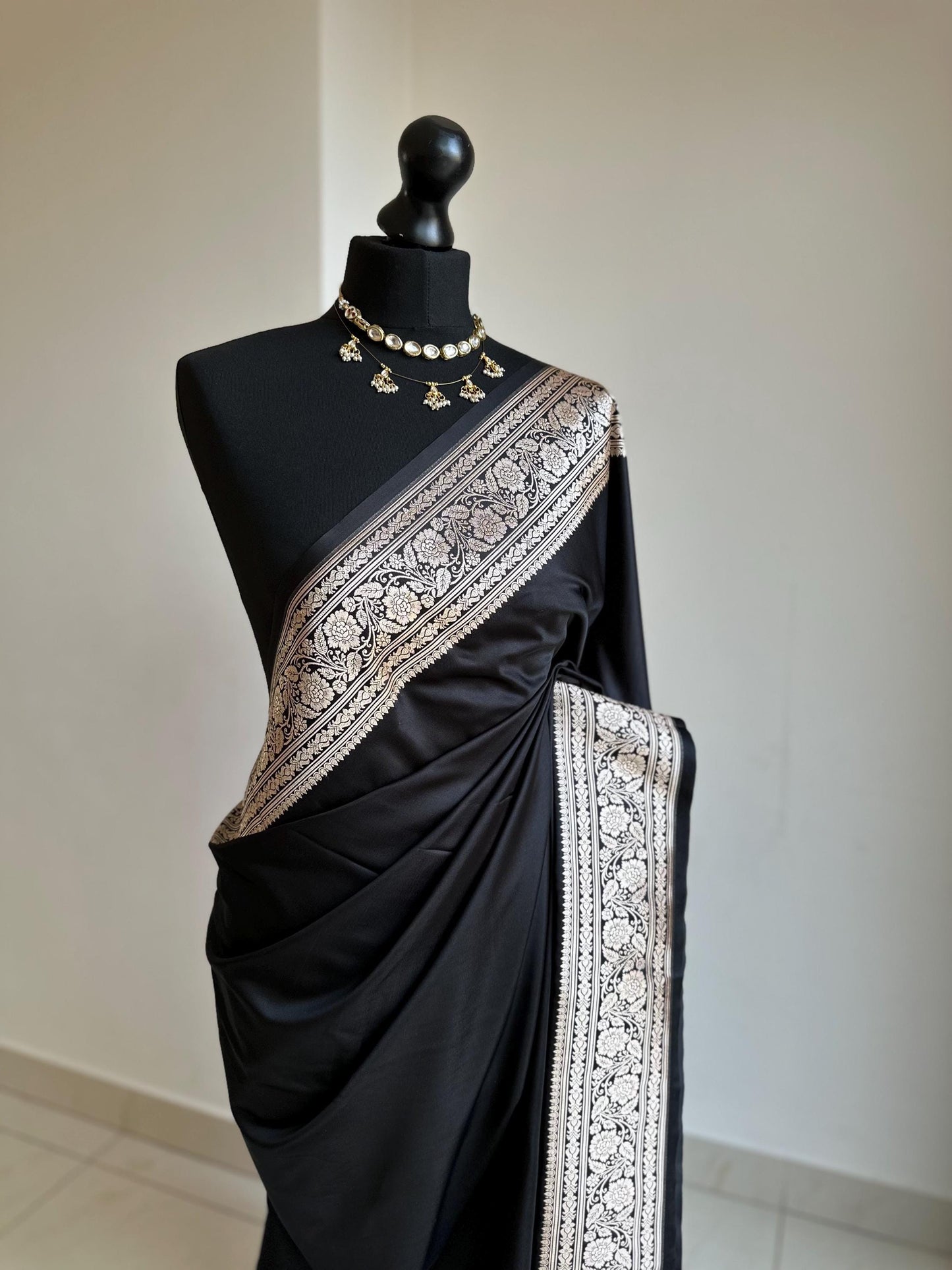 Black and gold katan semi silk wedding saree with gold zari. Stunning soft and elegant saree for bridal and occasion wear