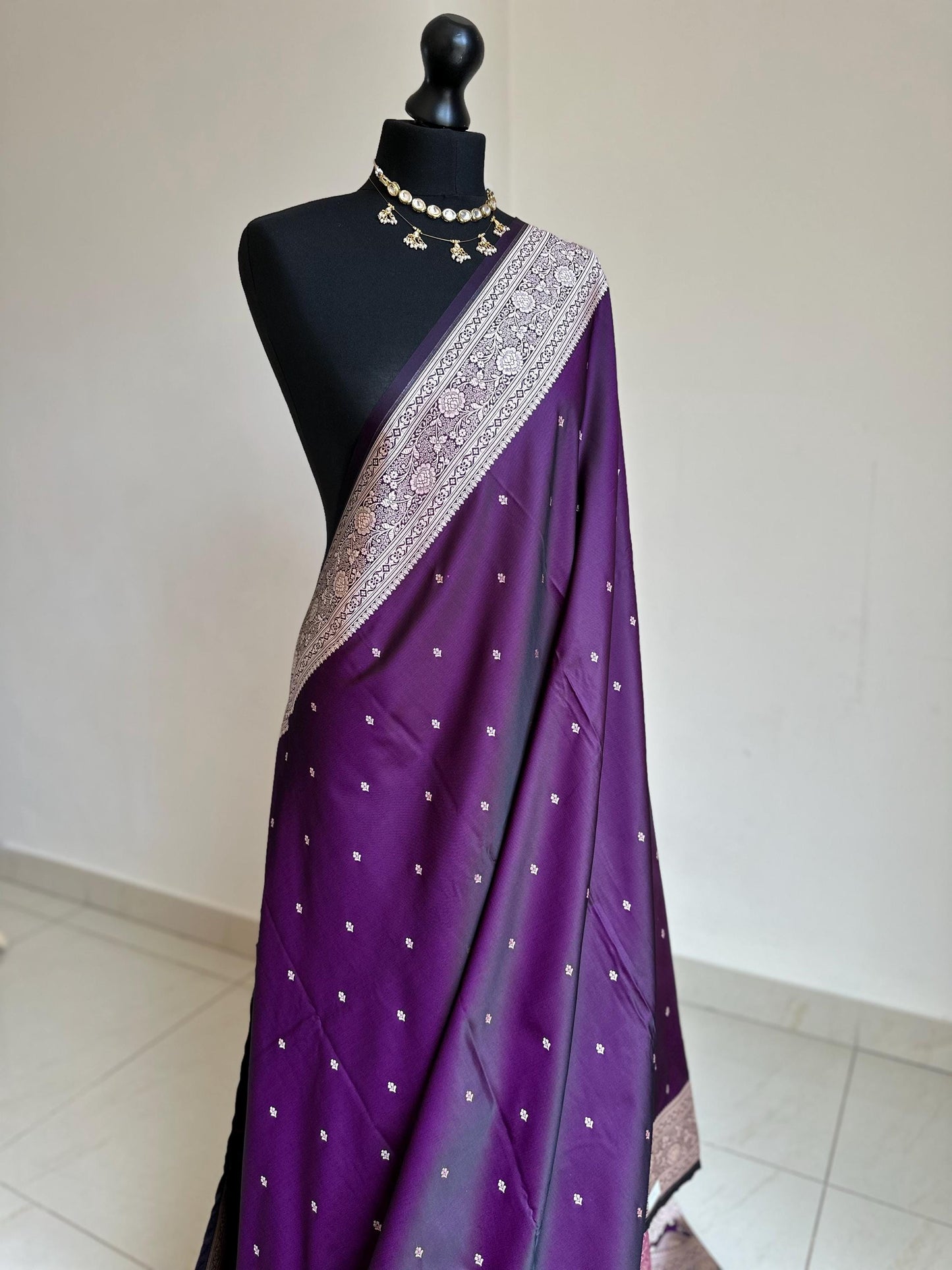 Purple and gold katan semi silk wedding saree with gold zari. Stunning soft and elegant saree for bridal and occasion wear
