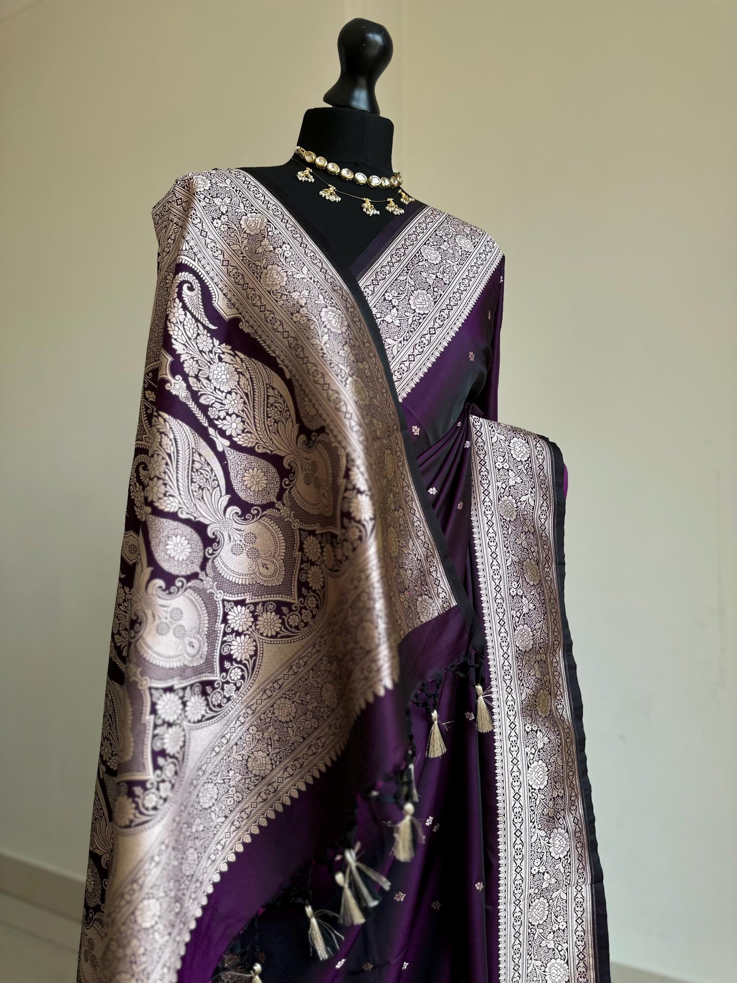 Purple and gold katan semi silk wedding saree with gold zari. Stunning soft and elegant saree for bridal and occasion wear