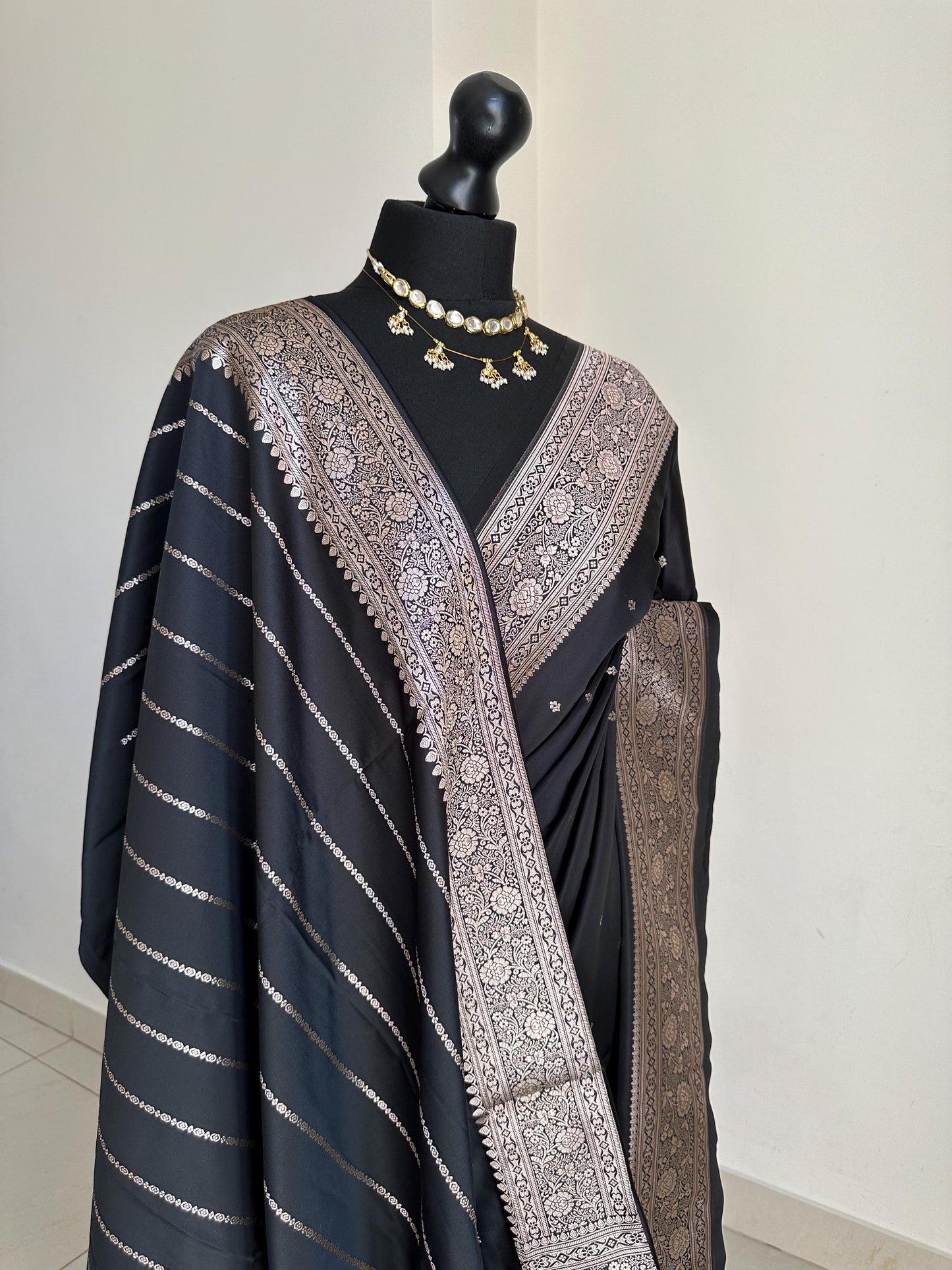 Black and champagne gold katan semi silk wedding saree with zari buta design . Stunning soft and elegant saree for bridal and occasion wear
