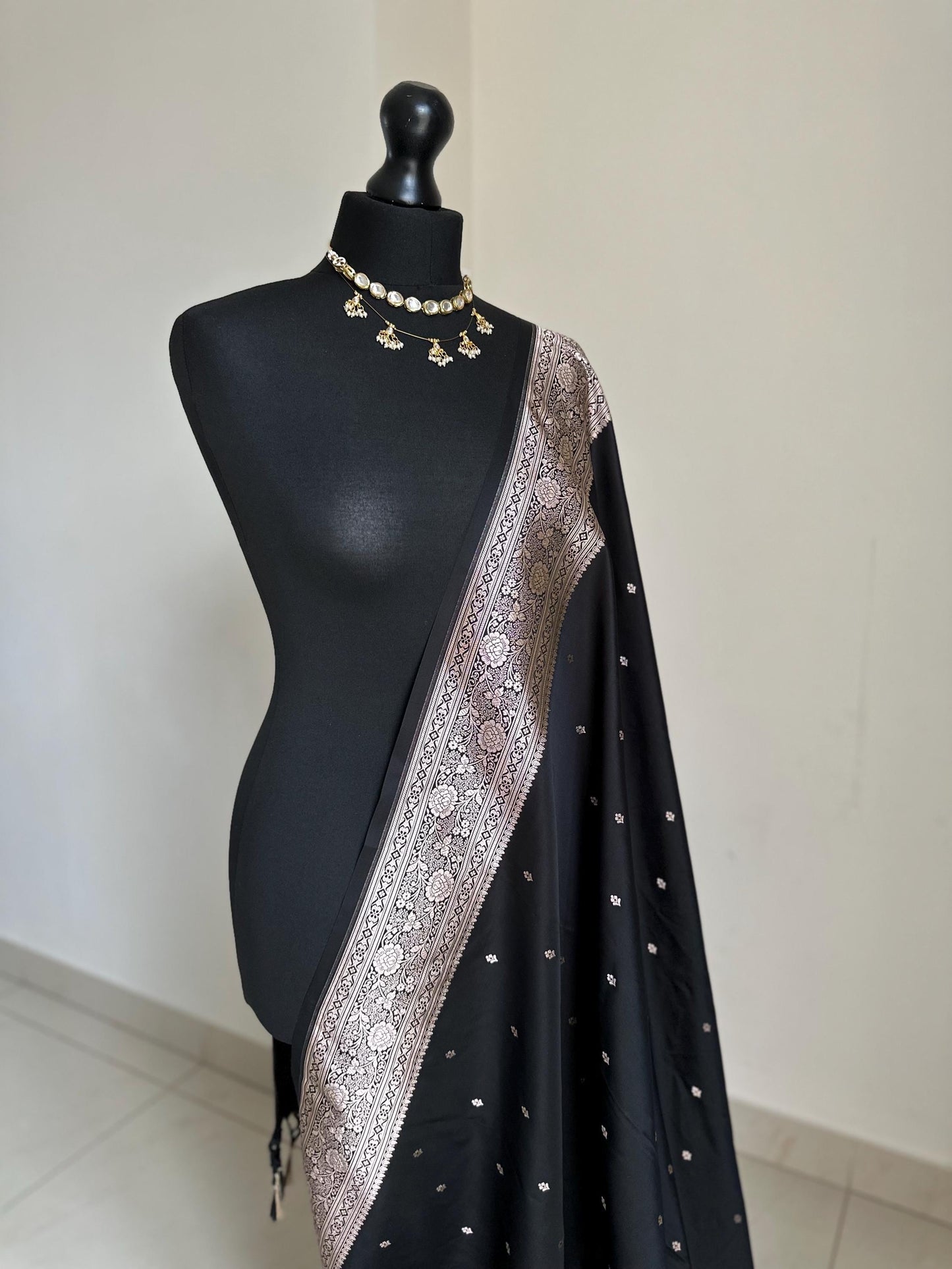 Black and champagne gold katan semi silk wedding saree with zari buta design . Stunning soft and elegant saree for bridal and occasion wear