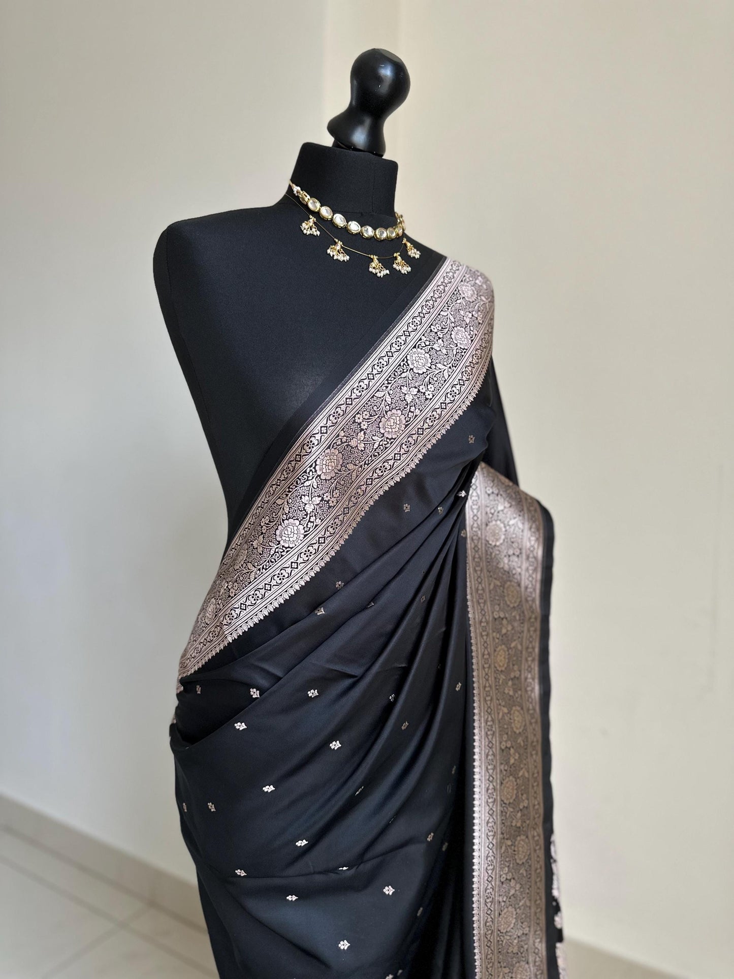 Black and champagne gold katan semi silk wedding saree with zari buta design . Stunning soft and elegant saree for bridal and occasion wear