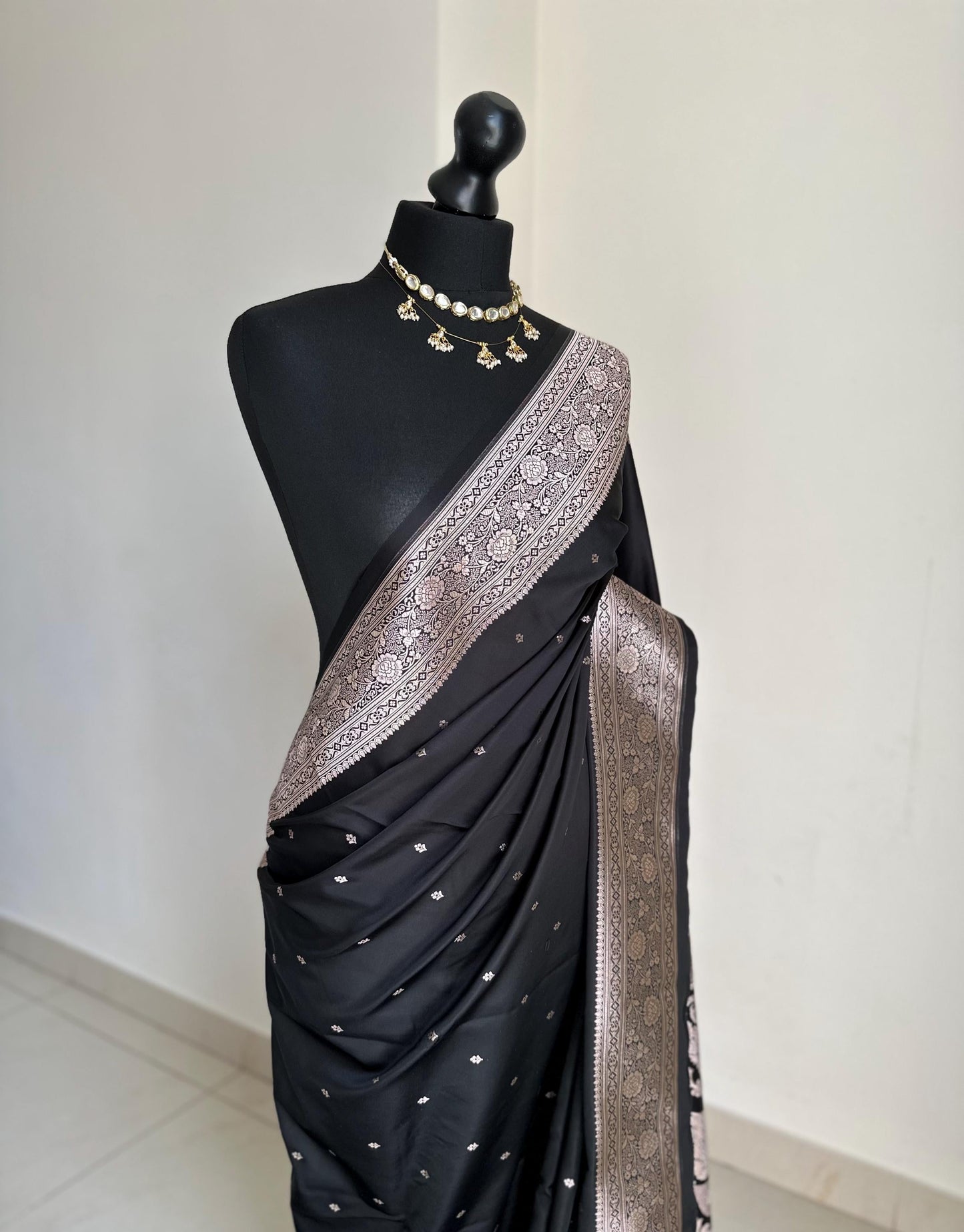 Black and champagne gold katan semi silk wedding saree with zari buta design . Stunning soft and elegant saree for bridal and occasion wear