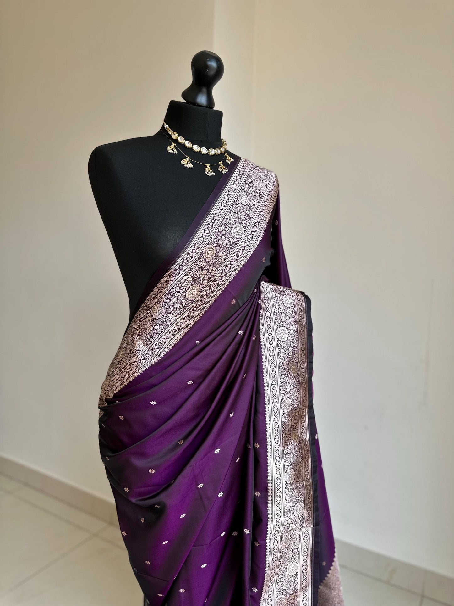 Purple and gold katan semi silk wedding saree with gold zari. Stunning soft and elegant saree for bridal and occasion wear