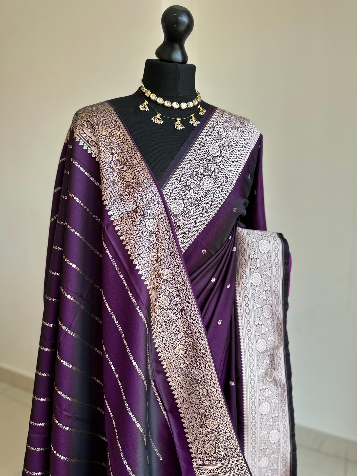 Purple and gold katan semi silk wedding saree with gold zari. Stunning soft and elegant saree for bridal and occasion wear