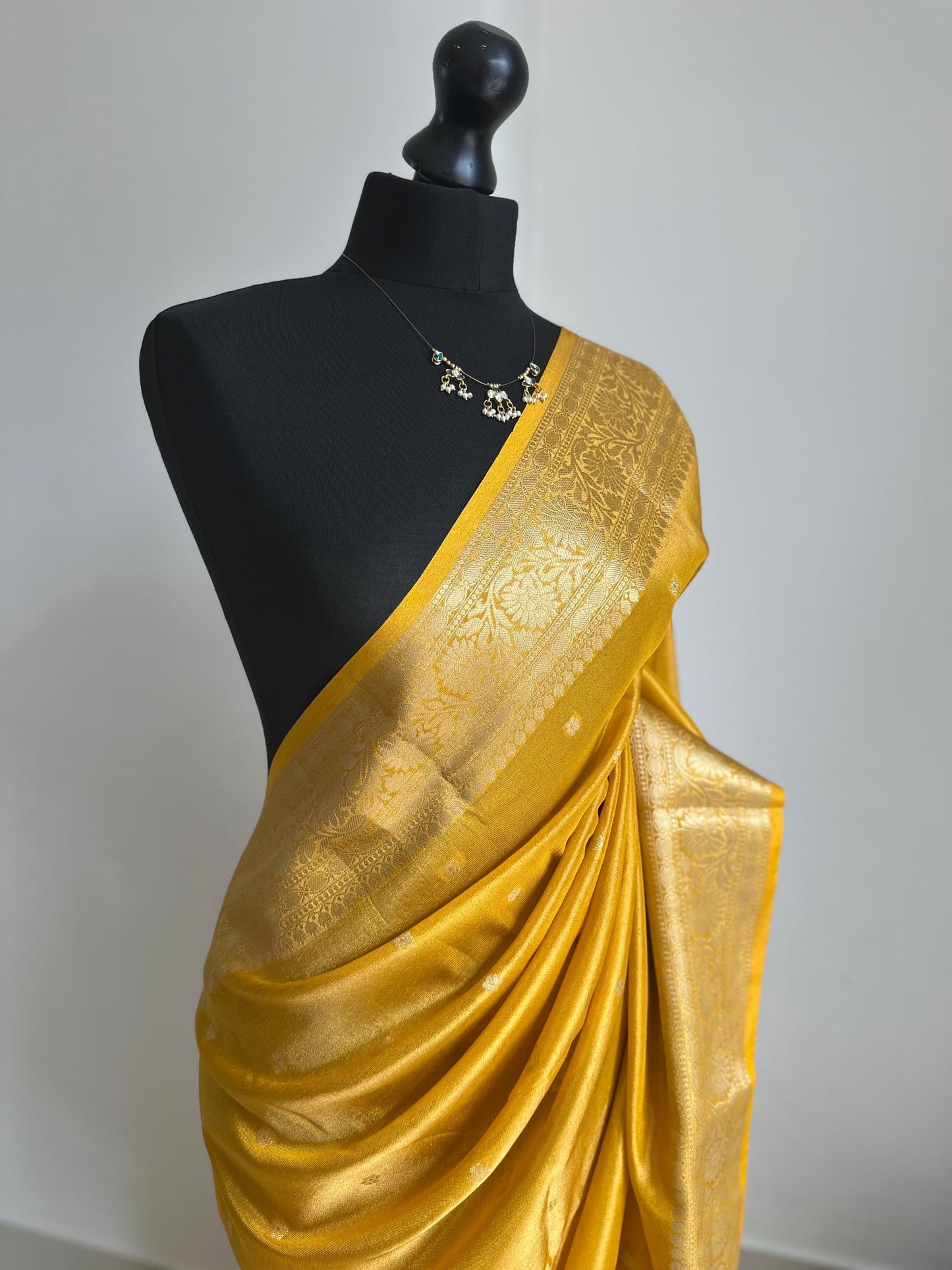 Statement handmade yellow soft tissue saree with unstitched blouse. Golden yellow wedding saree. Unique saree look for events