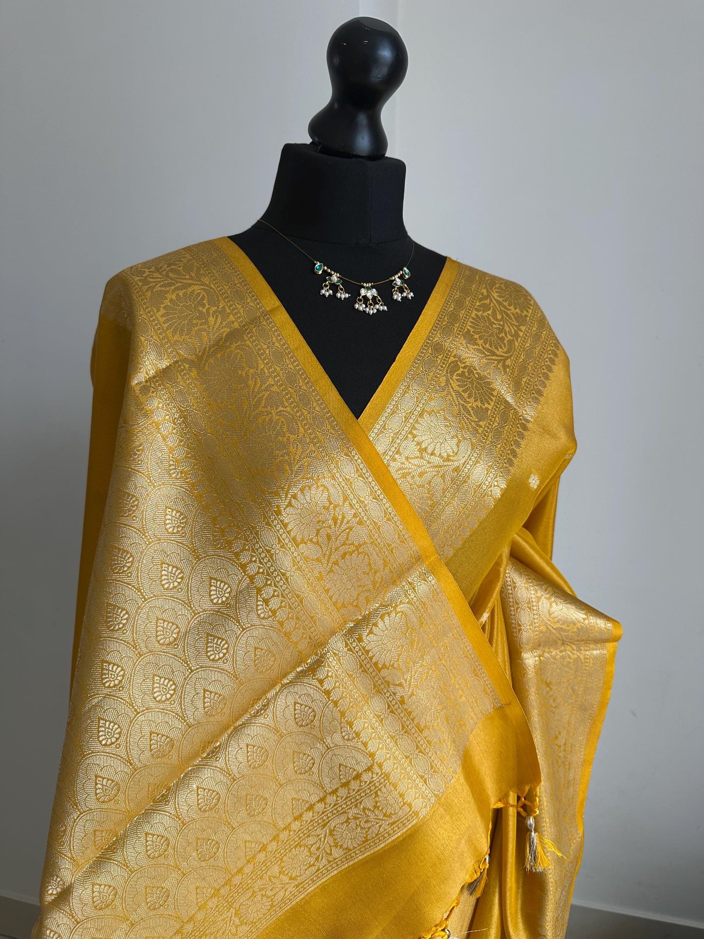 Statement handmade yellow soft tissue saree with unstitched blouse. Golden yellow wedding saree. Unique saree look for events