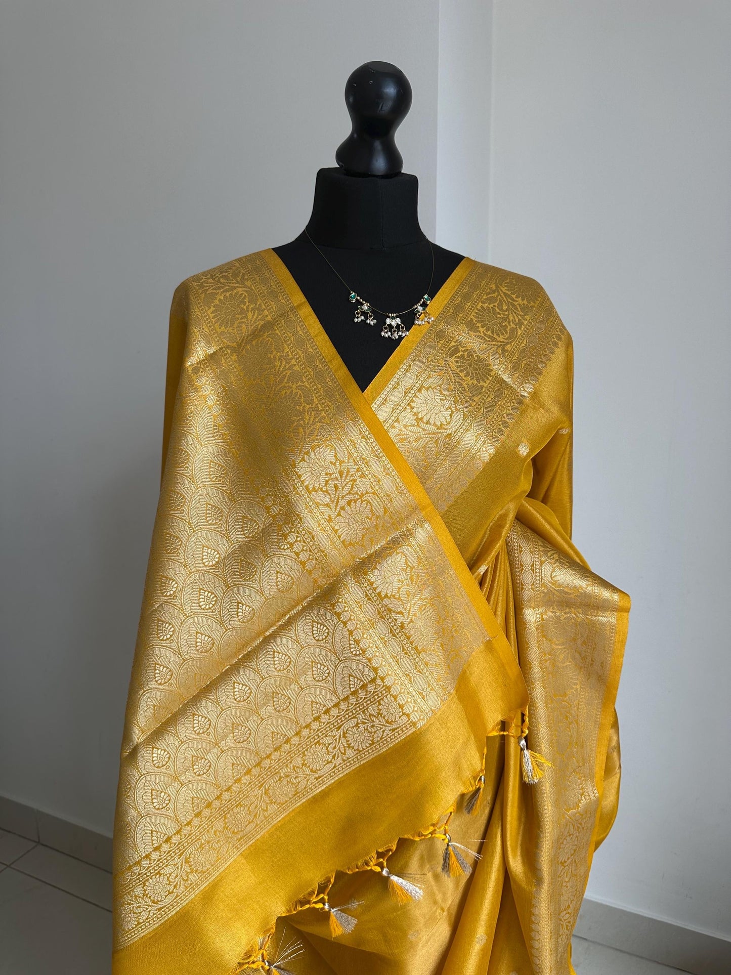 Statement handmade yellow soft tissue saree with unstitched blouse. Golden yellow wedding saree. Unique saree look for events