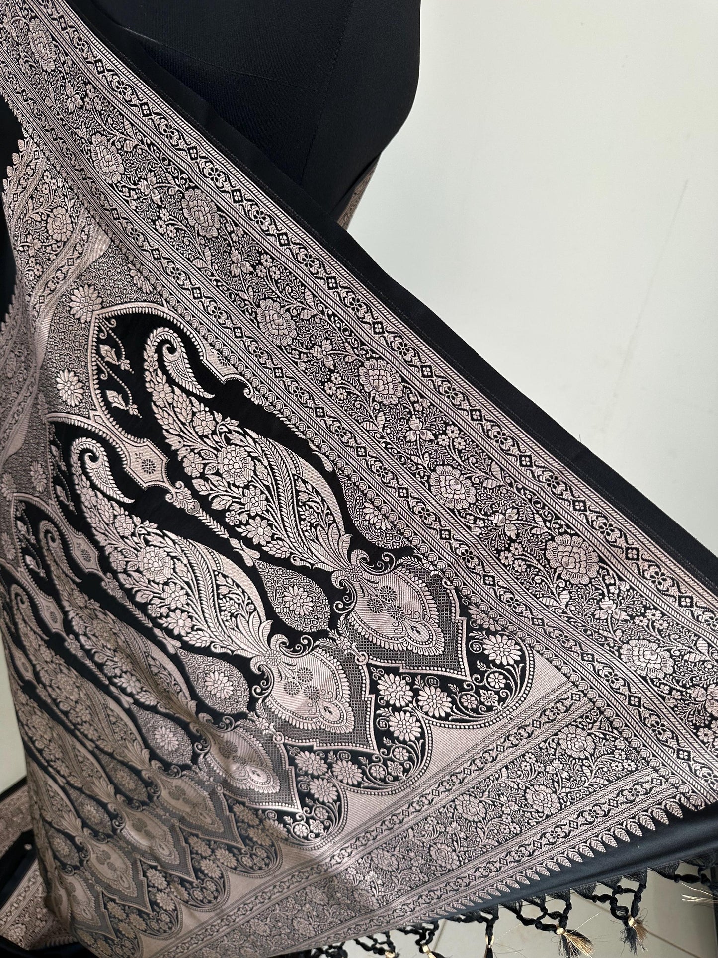 Black and champagne gold katan semi silk wedding saree with zari buta design . Stunning soft and elegant saree for bridal and occasion wear