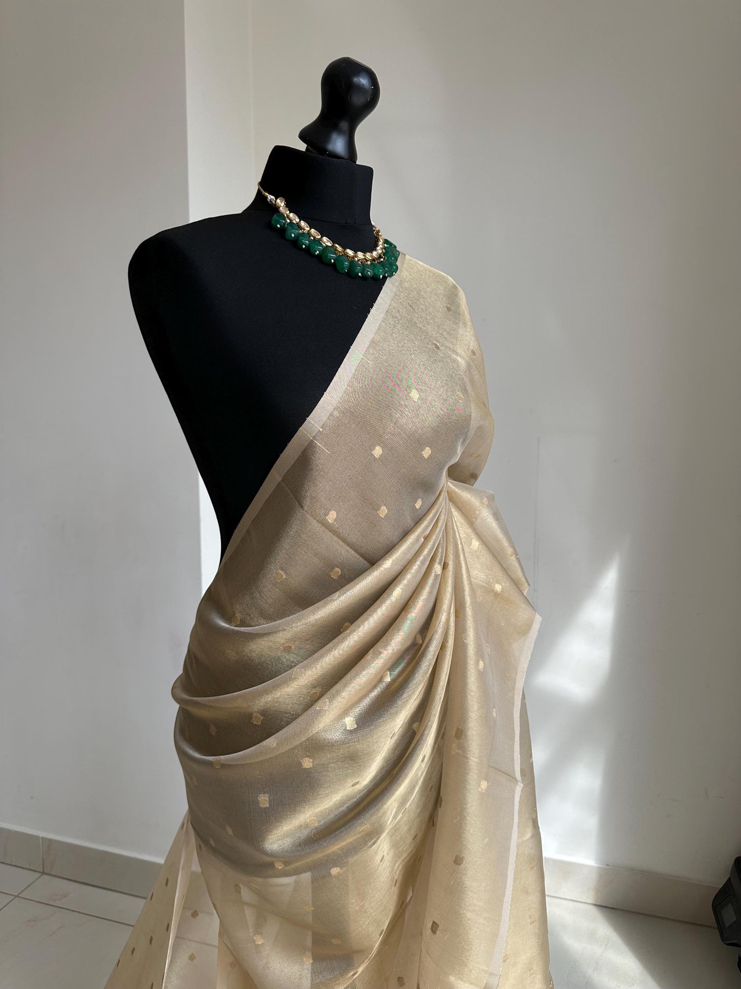 Statement handmade cream gold soft tissue saree with unstitched blouse. Gold buti pola dot wedding saree. Unique saree look for events