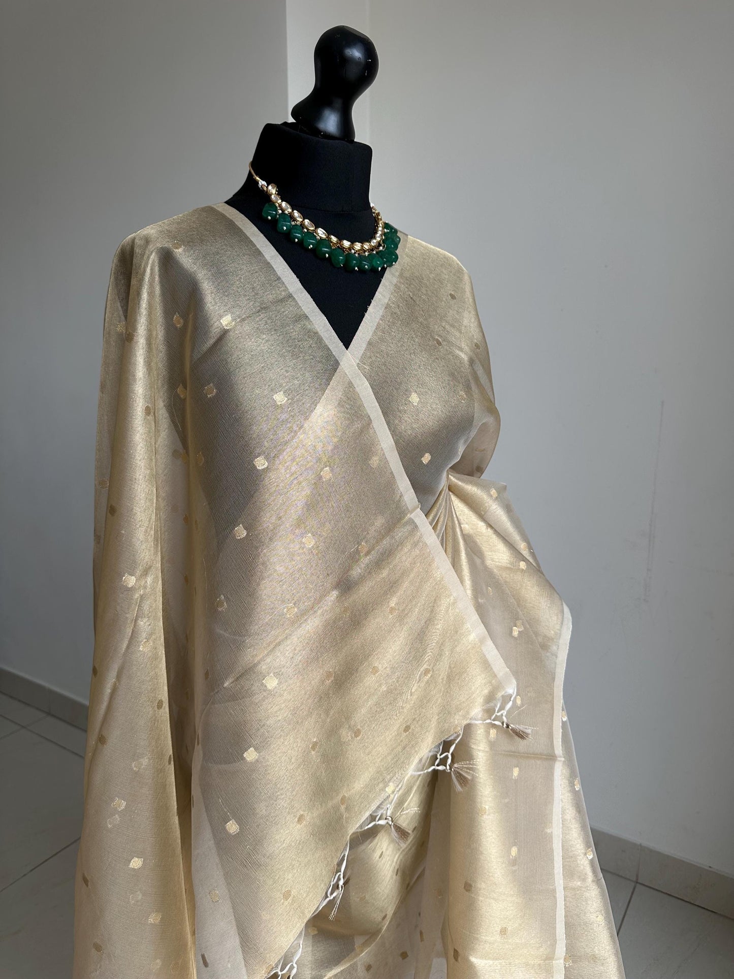 Statement handmade cream gold soft tissue saree with unstitched blouse. Gold buti pola dot wedding saree. Unique saree look for events