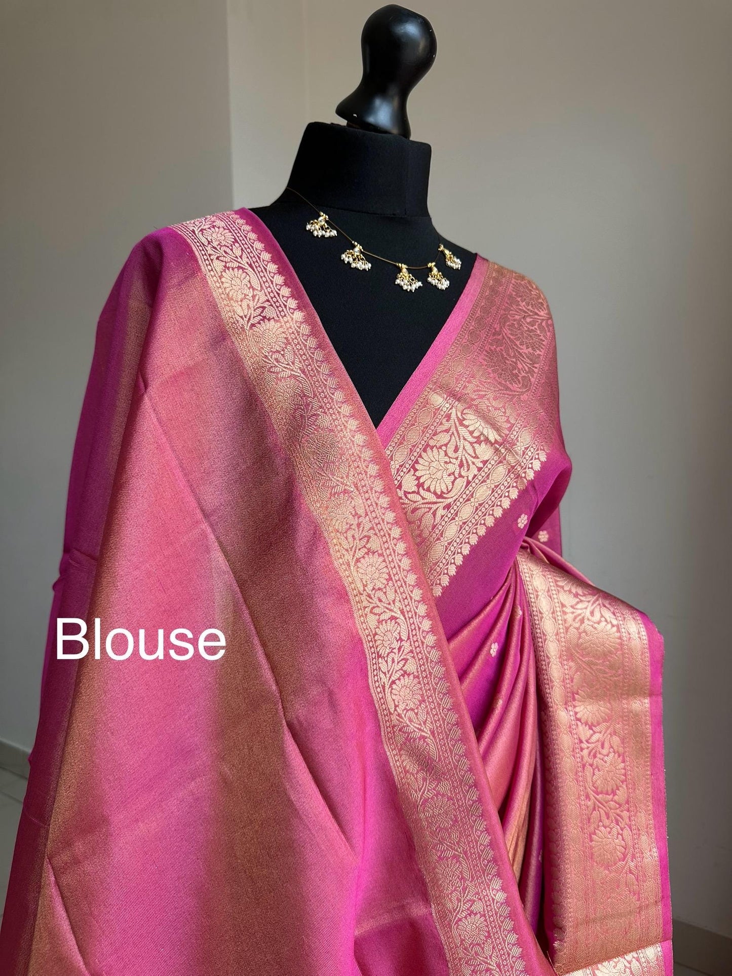 Statement handmade pink soft tissue saree with unstitched blouse. Gold and pink wedding saree. Unique saree look for events