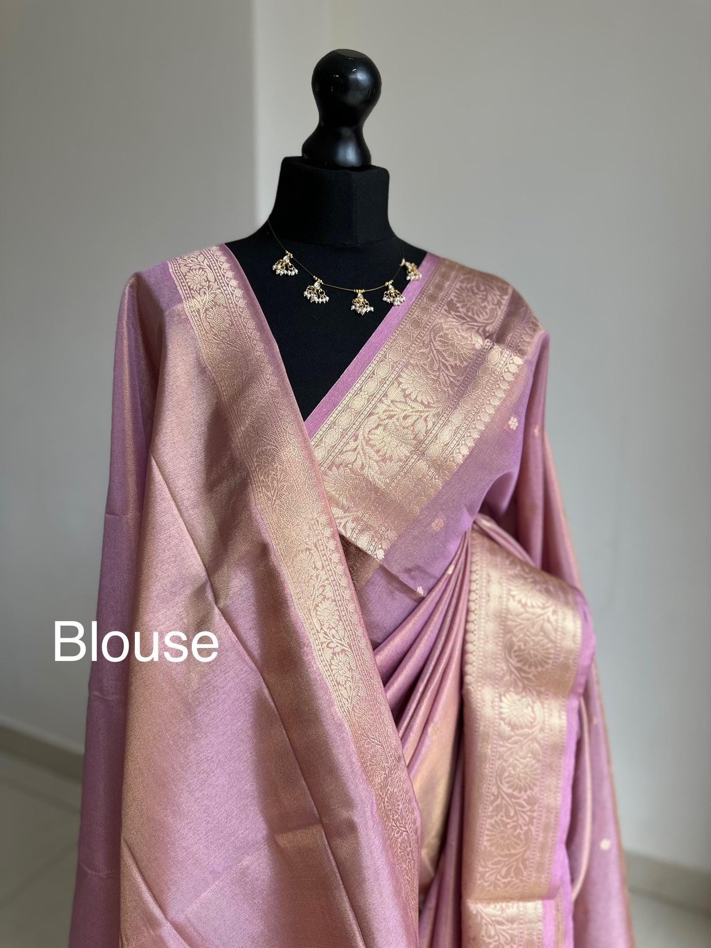 Statement handmade mauve soft tissue saree with unstitched blouse. Gold and pink wedding saree. Unique saree look for events