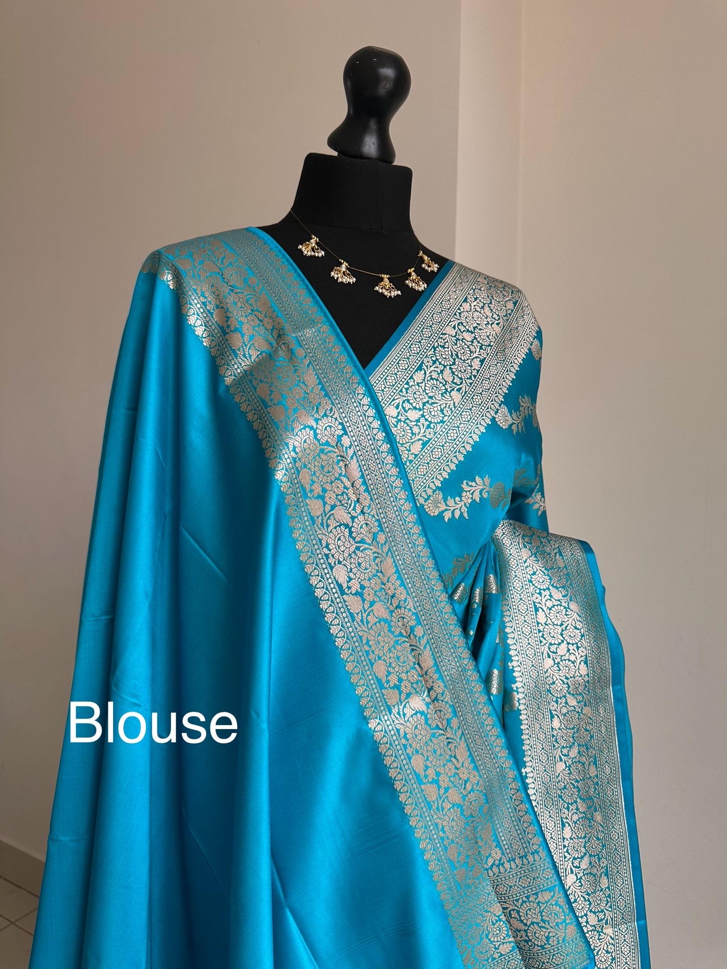 Banarasi silk peacock blue wedding saree with silver zari. Exquisite blue semi silk saree with plain contrast blouse. Stylish elegant saree
