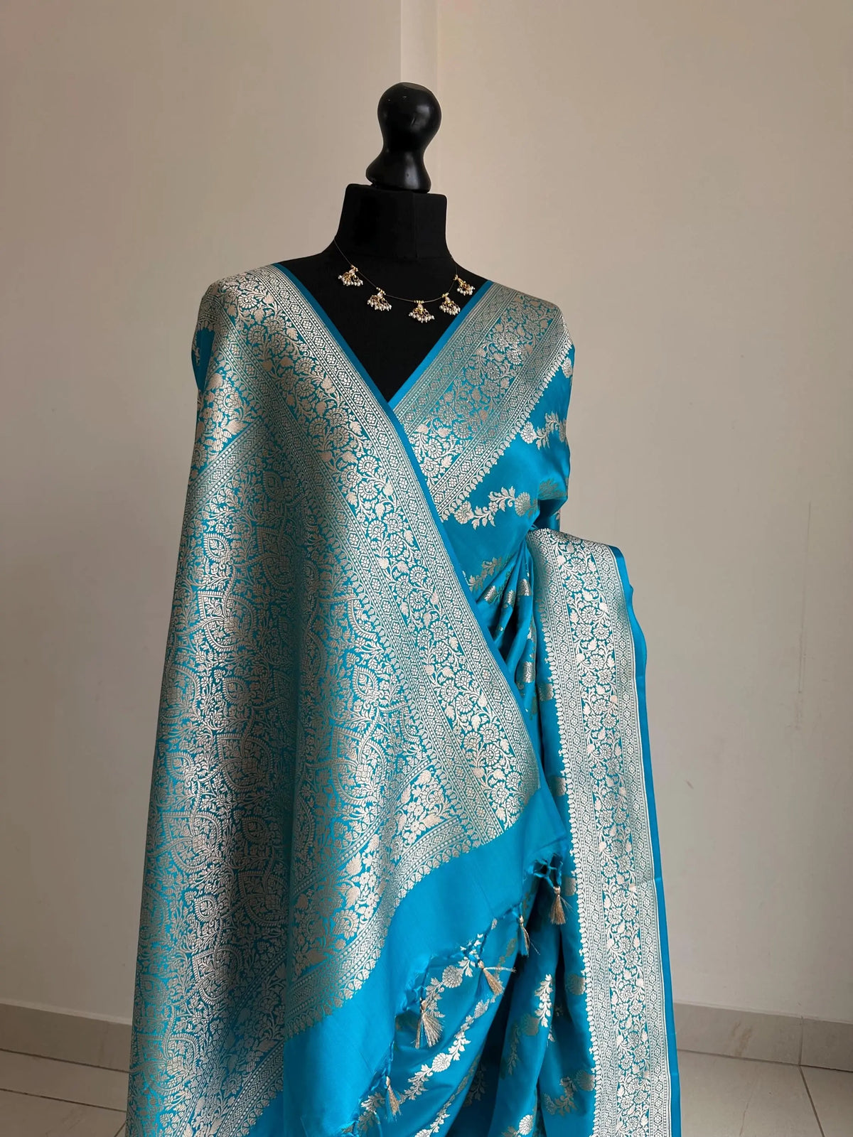 Banarasi silk peacock blue wedding saree with silver zari. Exquisite blue semi silk saree with plain contrast blouse. Stylish elegant saree LaiLai Sarees
