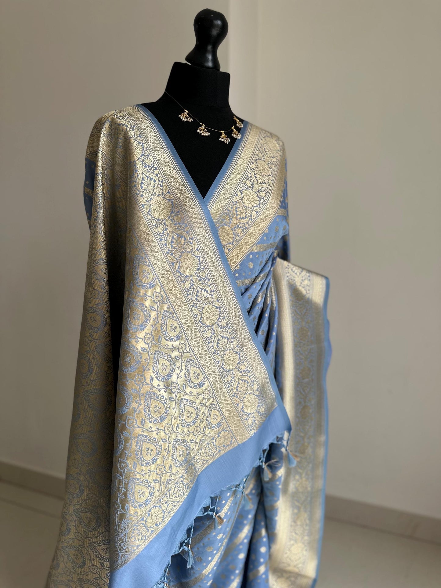 Banarasi silk dusty blue wedding saree with gold zari. Exquisite blue semi silk saree with plain contrast blouse. Stylish elegant saree