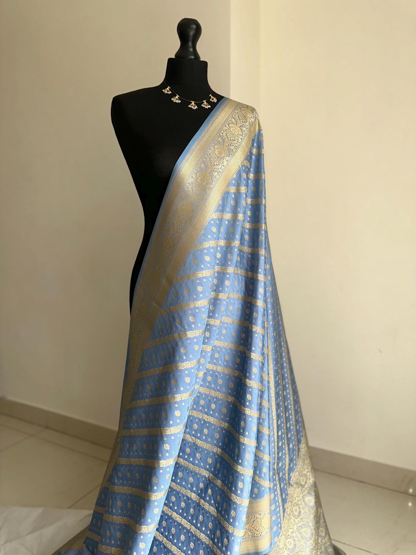 Banarasi silk dusty blue wedding saree with gold zari. Exquisite blue semi silk saree with plain contrast blouse. Stylish elegant saree