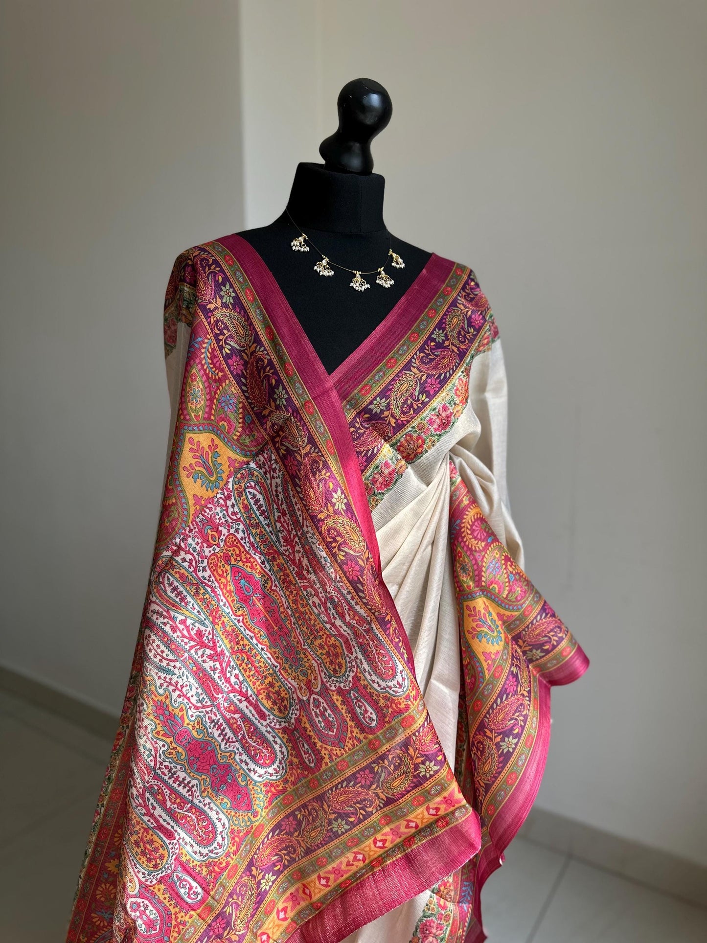 Semi chanderi silk saree in cream with magenta floral border, elegant Indian sari for wedding, festive, party and bridal wear