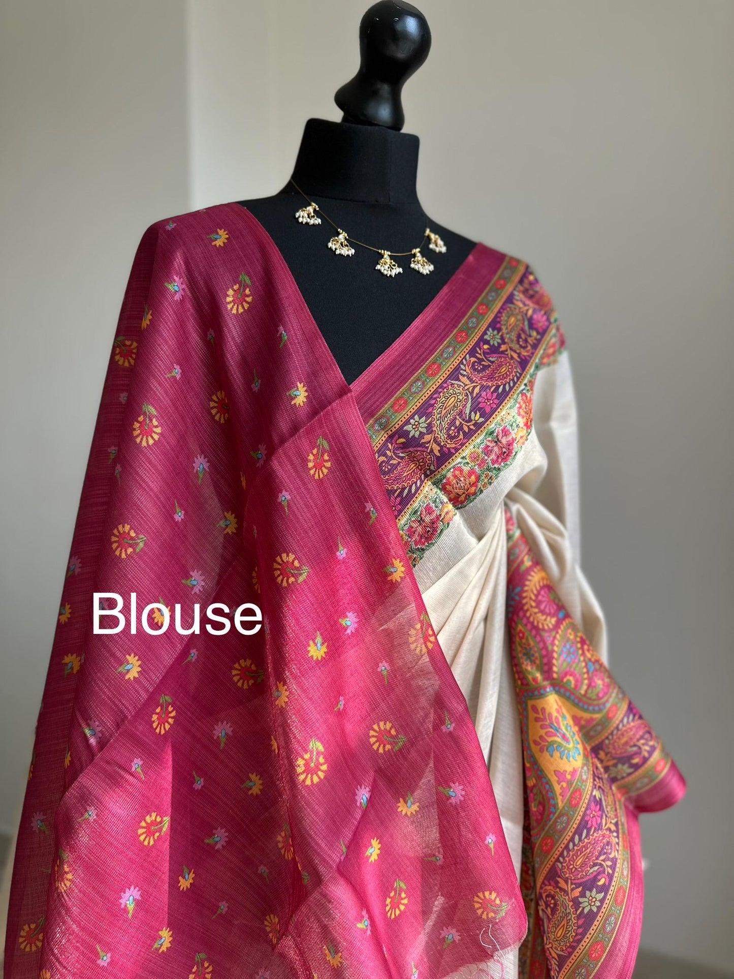 Semi chanderi silk saree in cream with magenta floral border, elegant Indian sari for wedding, festive, party and bridal wear