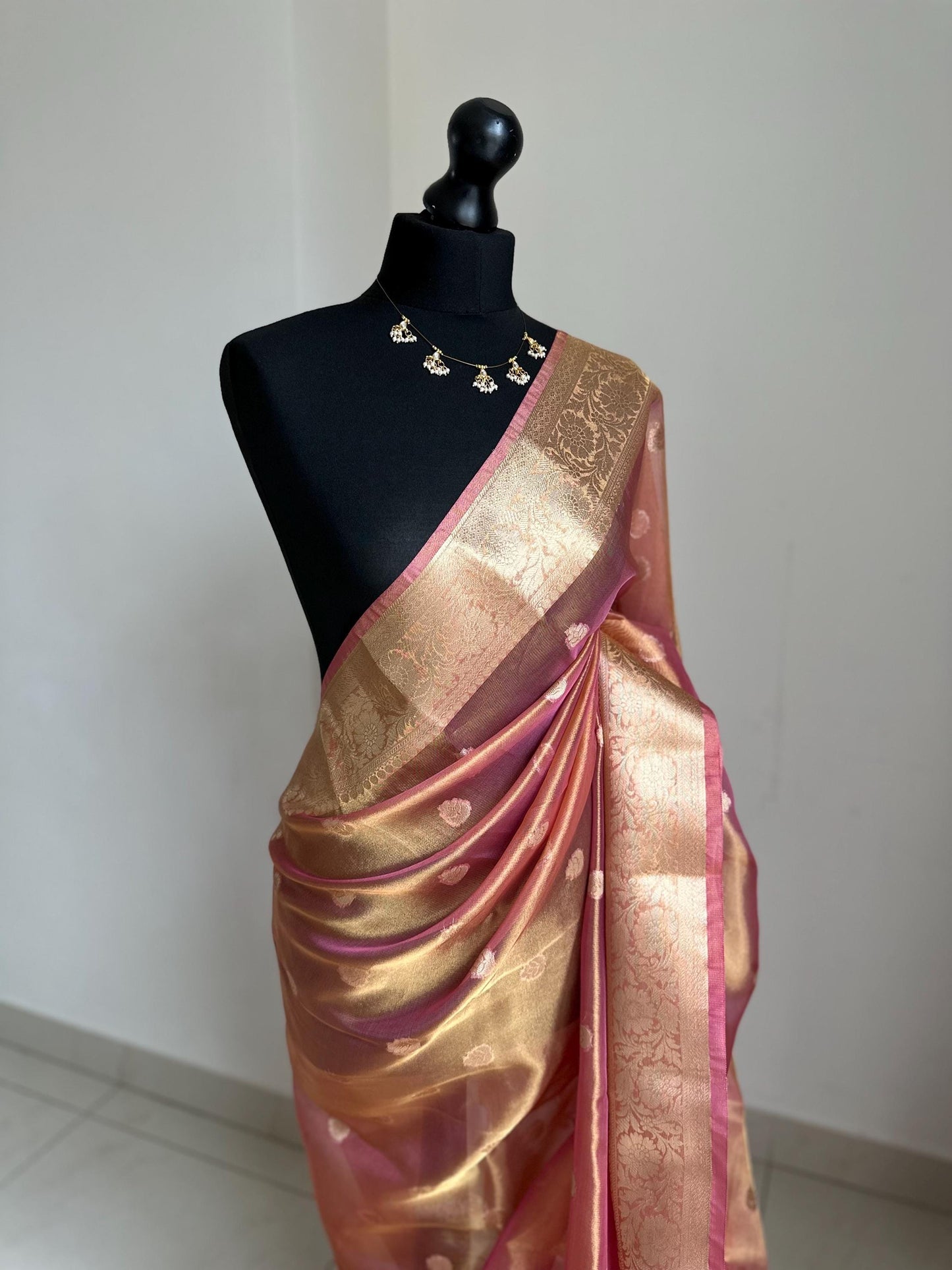 Pink Gold Tissue Saree: Soft Glass, Unstitched Blouse, Wedding Events