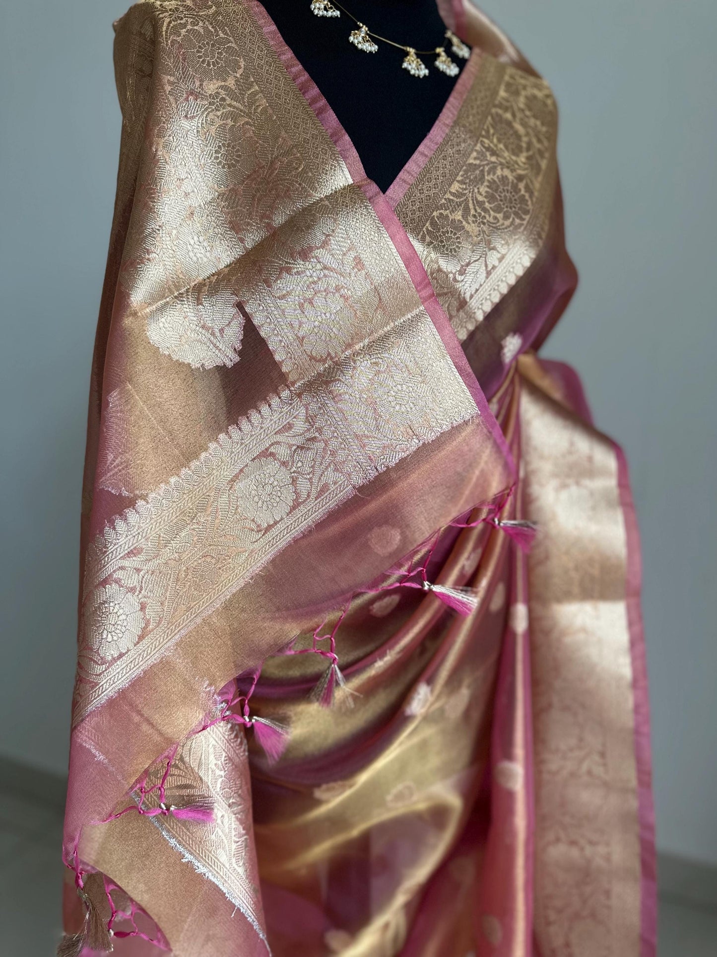 Pink Gold Tissue Saree: Soft Glass, Unstitched Blouse, Wedding Events