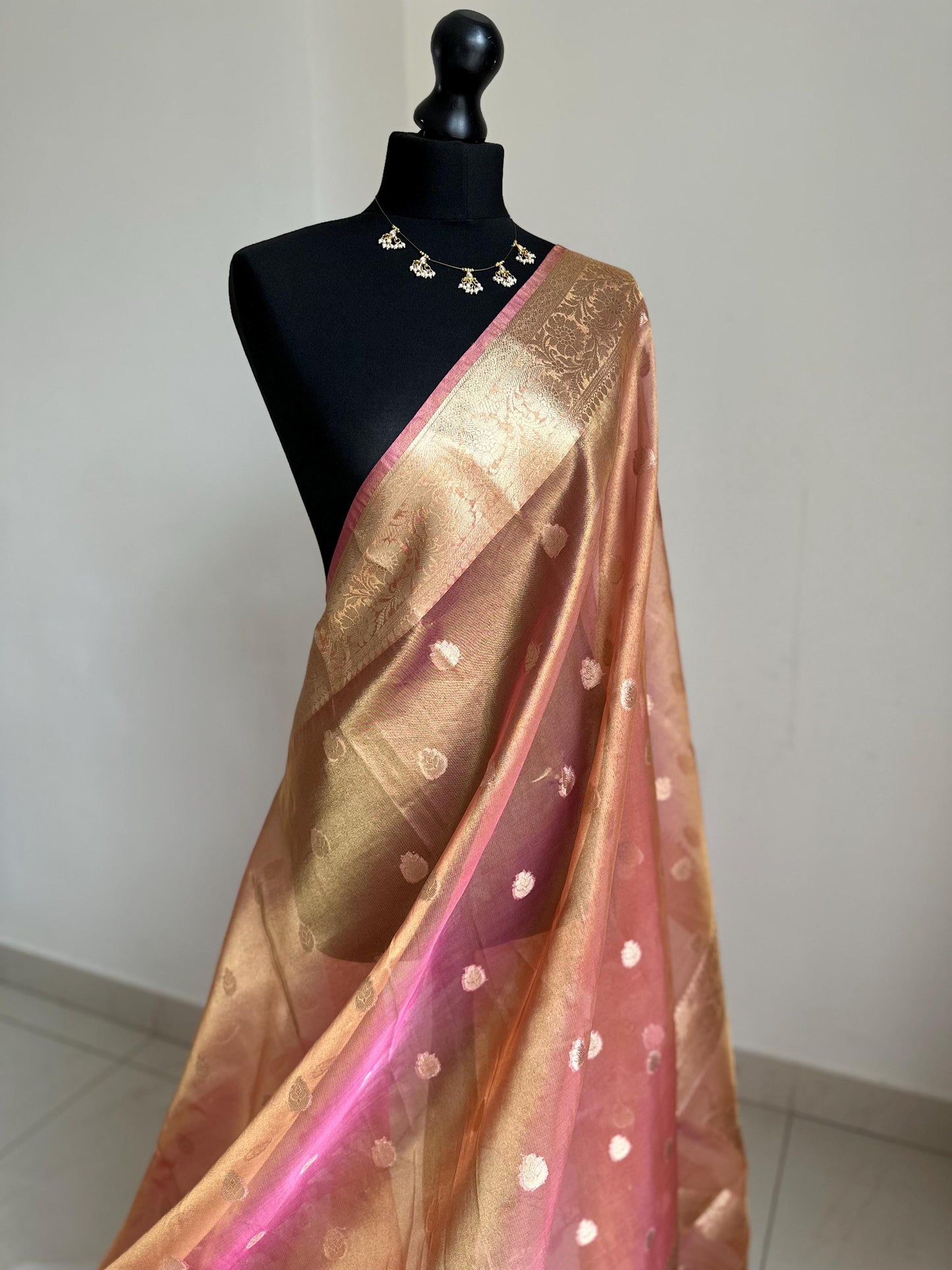 Pink Gold Tissue Saree: Soft Glass, Unstitched Blouse, Wedding Events