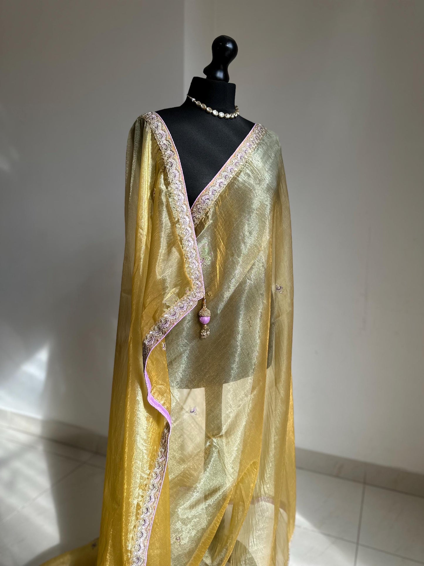 Handmade Yellow Gold Tissue Saree with lilac border. Soft Drape, Unstitched Blouse