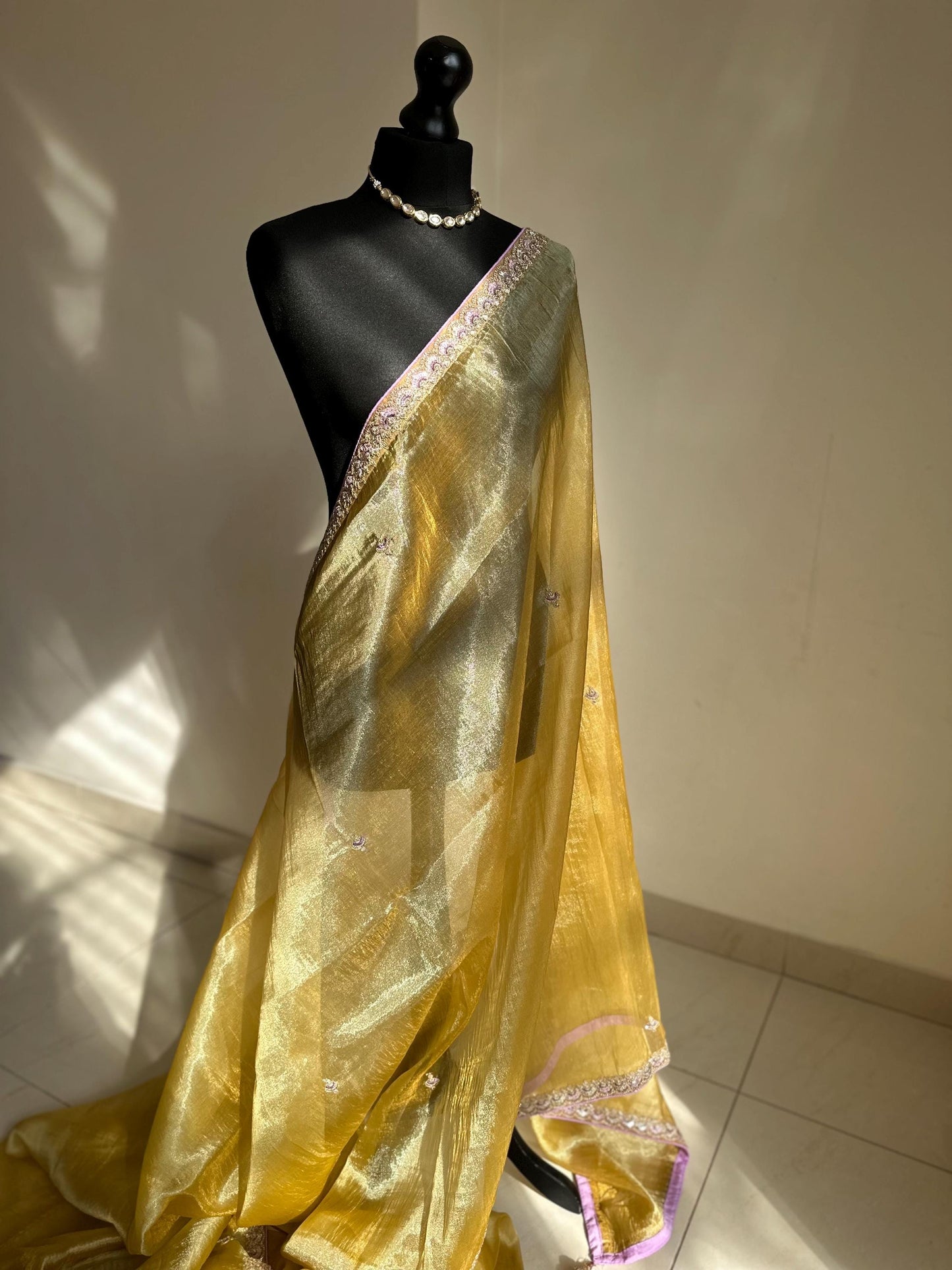 Handmade Yellow Gold Tissue Saree with lilac border. Soft Drape, Unstitched Blouse