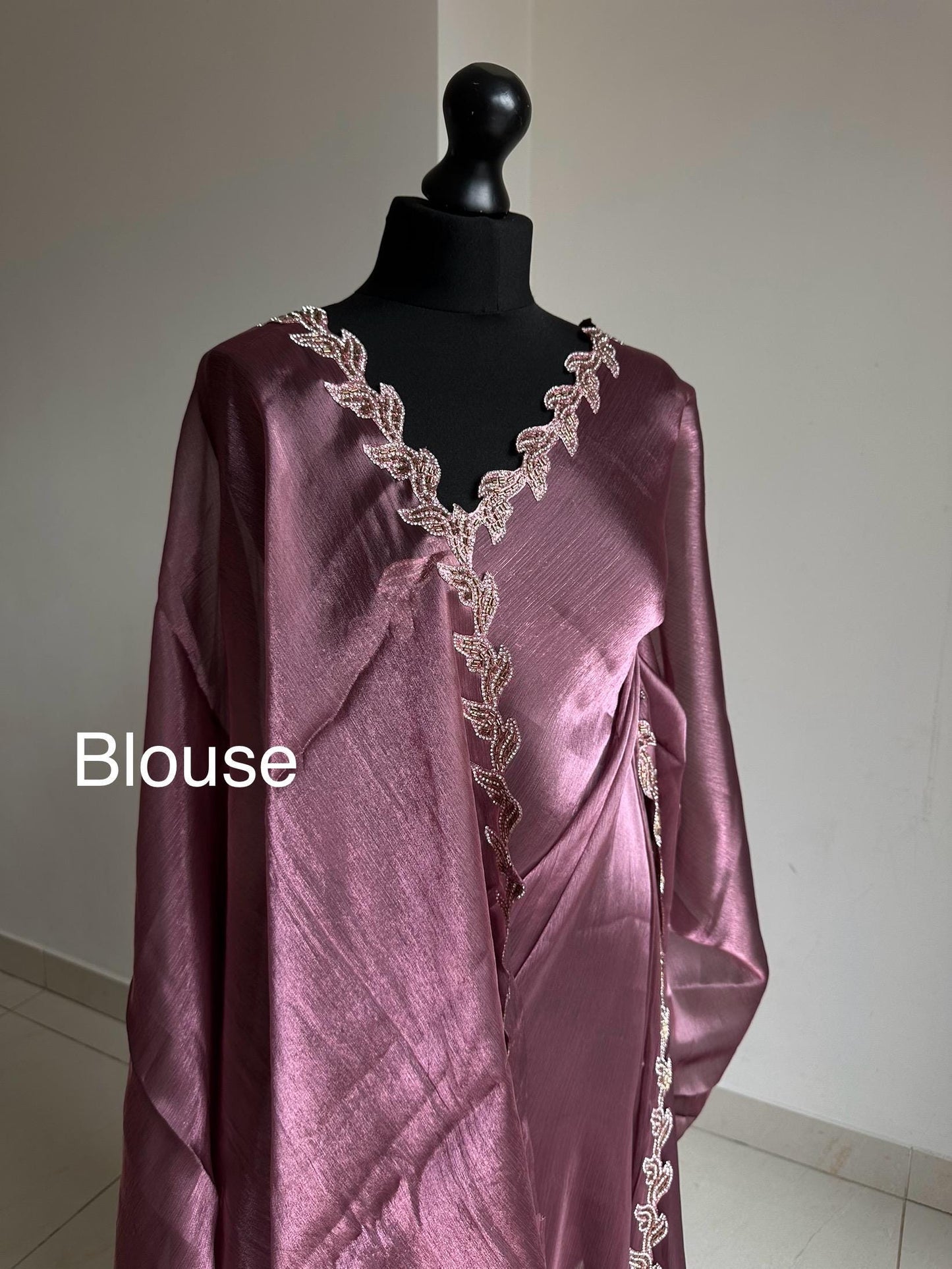 Dusty Rose Silk Saree with embellished Leaf Border | Elegant Party Wear Saree | Minimal Designer Saree | Soft glass chiffon Silk Drape