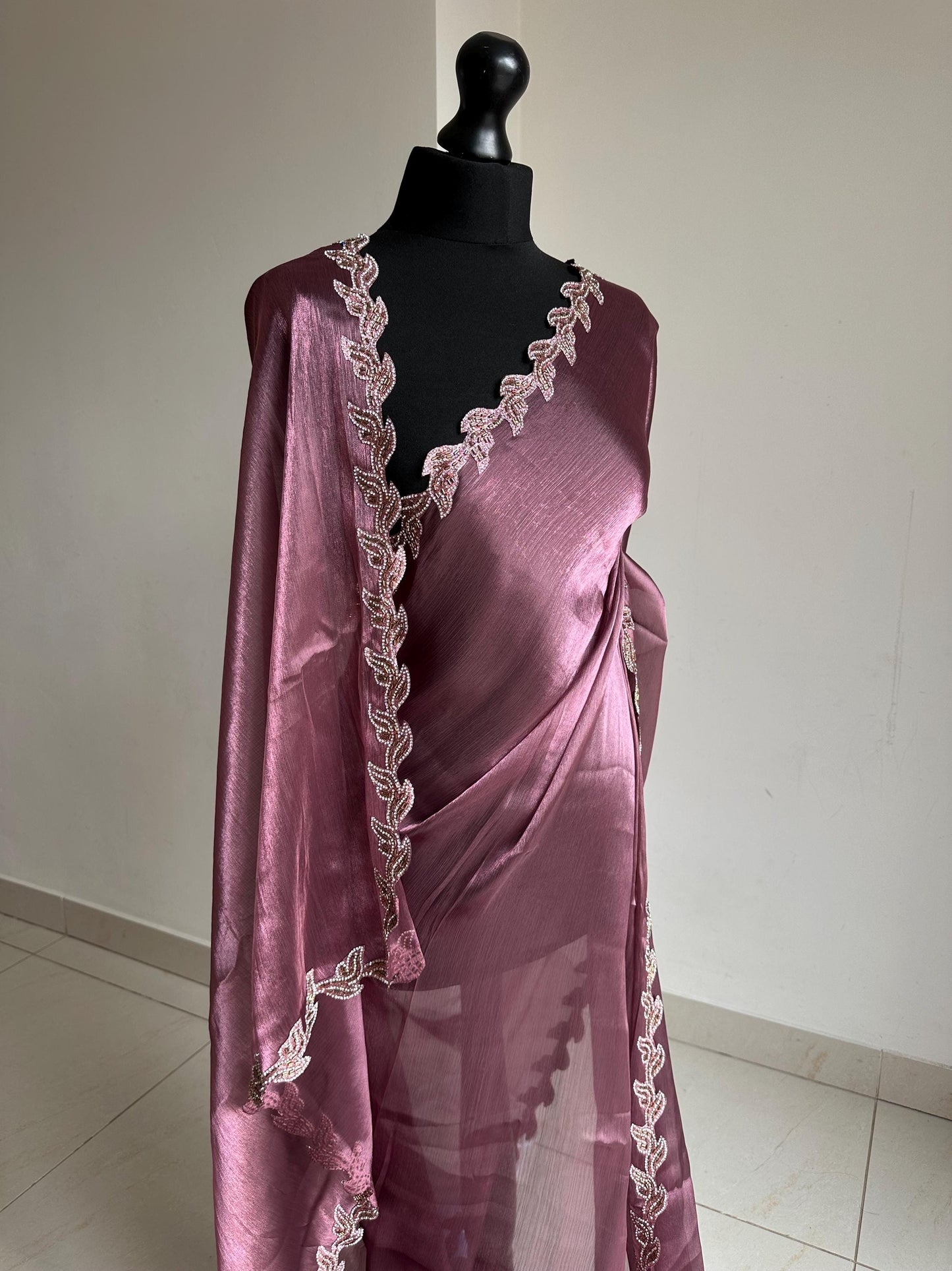Dusty Rose Silk Saree with embellished Leaf Border | Elegant Party Wear Saree | Minimal Designer Saree | Soft glass chiffon Silk Drape