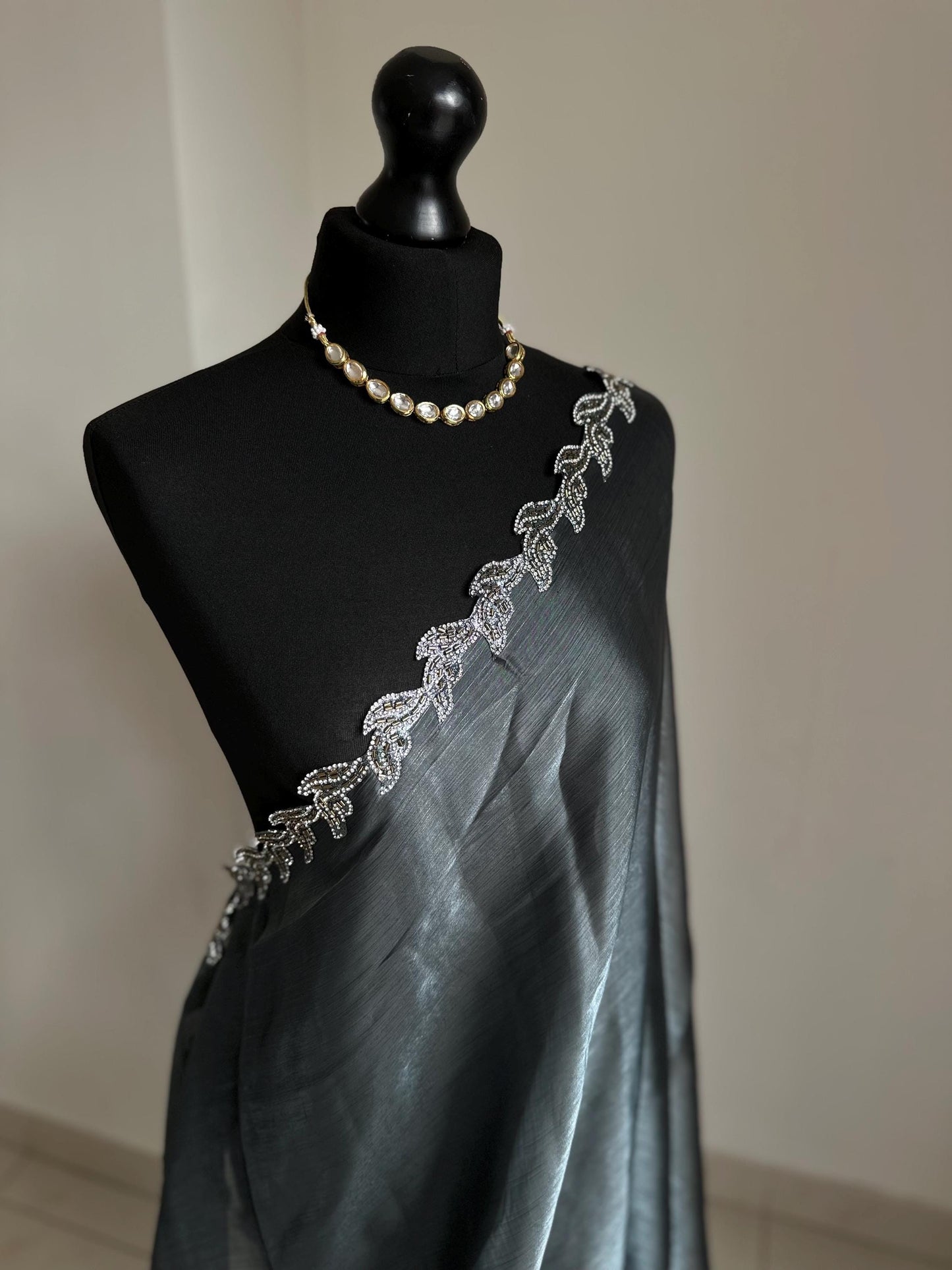 Steel blue Saree with embellished Leaf Border | Elegant Party Wear Saree | Minimal Designer Saree | Soft glass chiffon Silk Drape