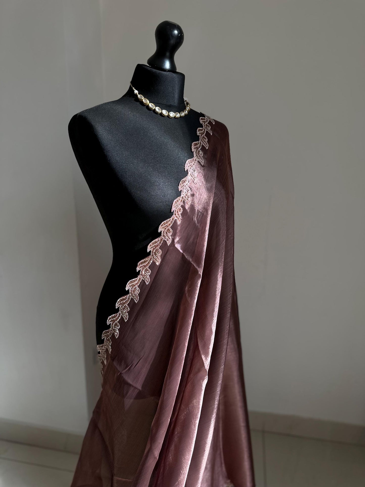 Chestnut brown party Saree with embellished Leaf Border | Elegant Party Wear Saree | Minimal Designer Saree | Soft glass chiffon Silk Drape