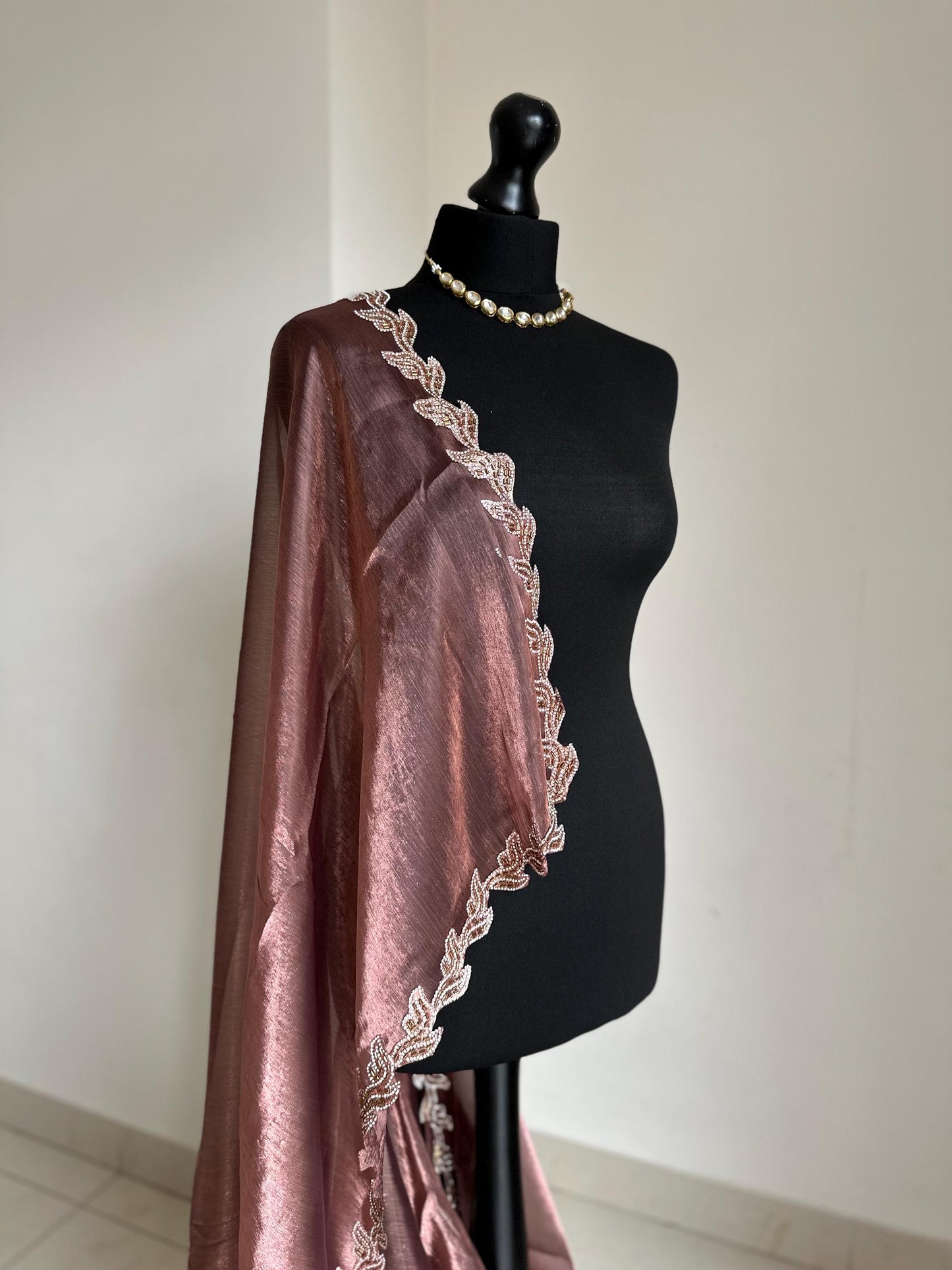 Chestnut brown party Saree with embellished Leaf Border | Elegant Party Wear Saree | Minimal Designer Saree | Soft glass chiffon Silk Drape