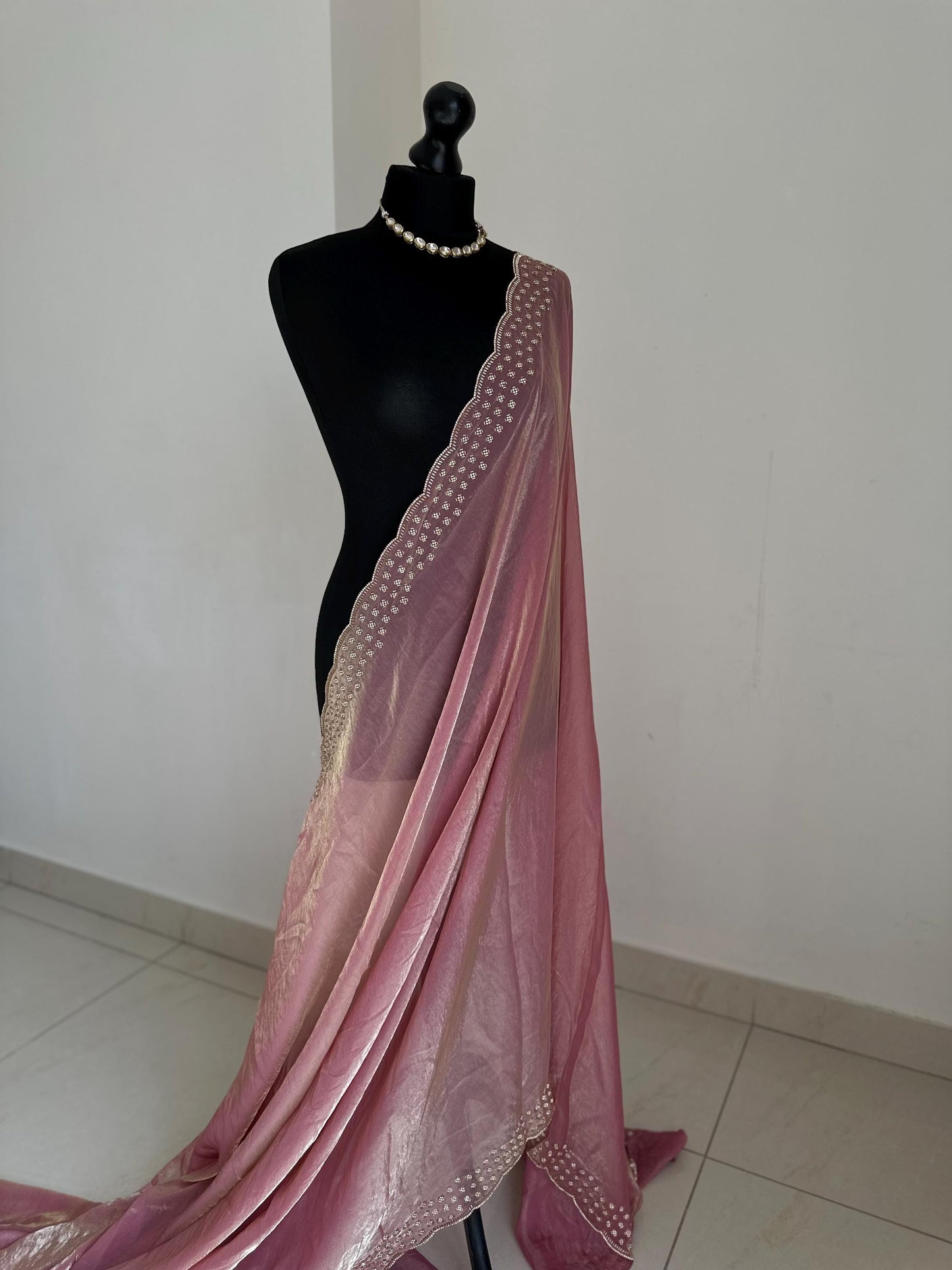 Pink party bridal saree with embellished scalloped border. Soft chiffon versatile saree thats perfect for parties and evening events.