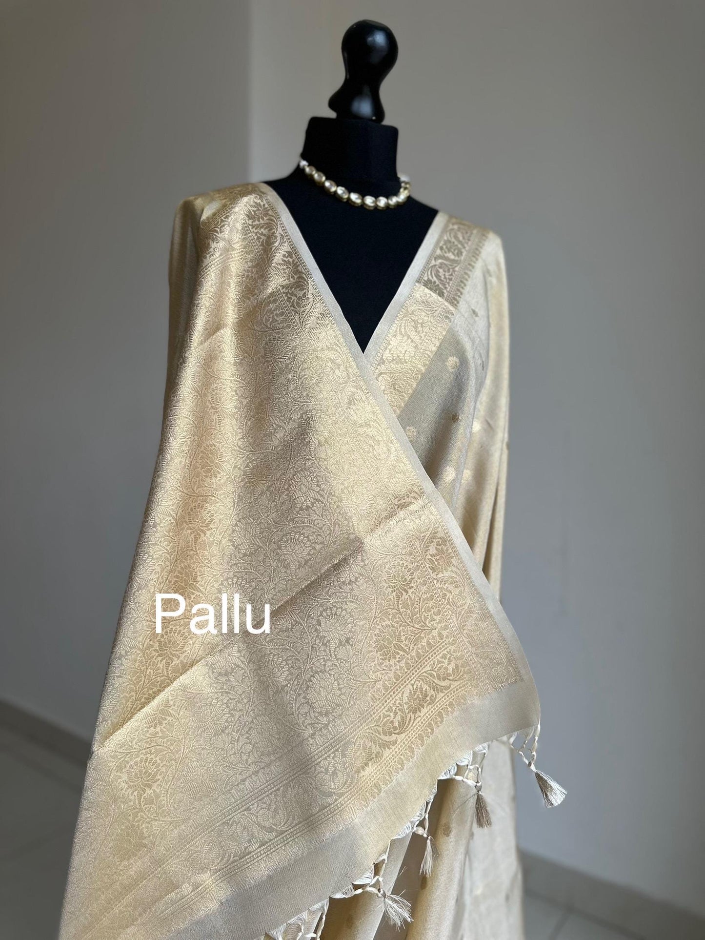 Gold semi tissue silk saree. Cream & gold buti, Unstitched brocade blouse. Designer saree