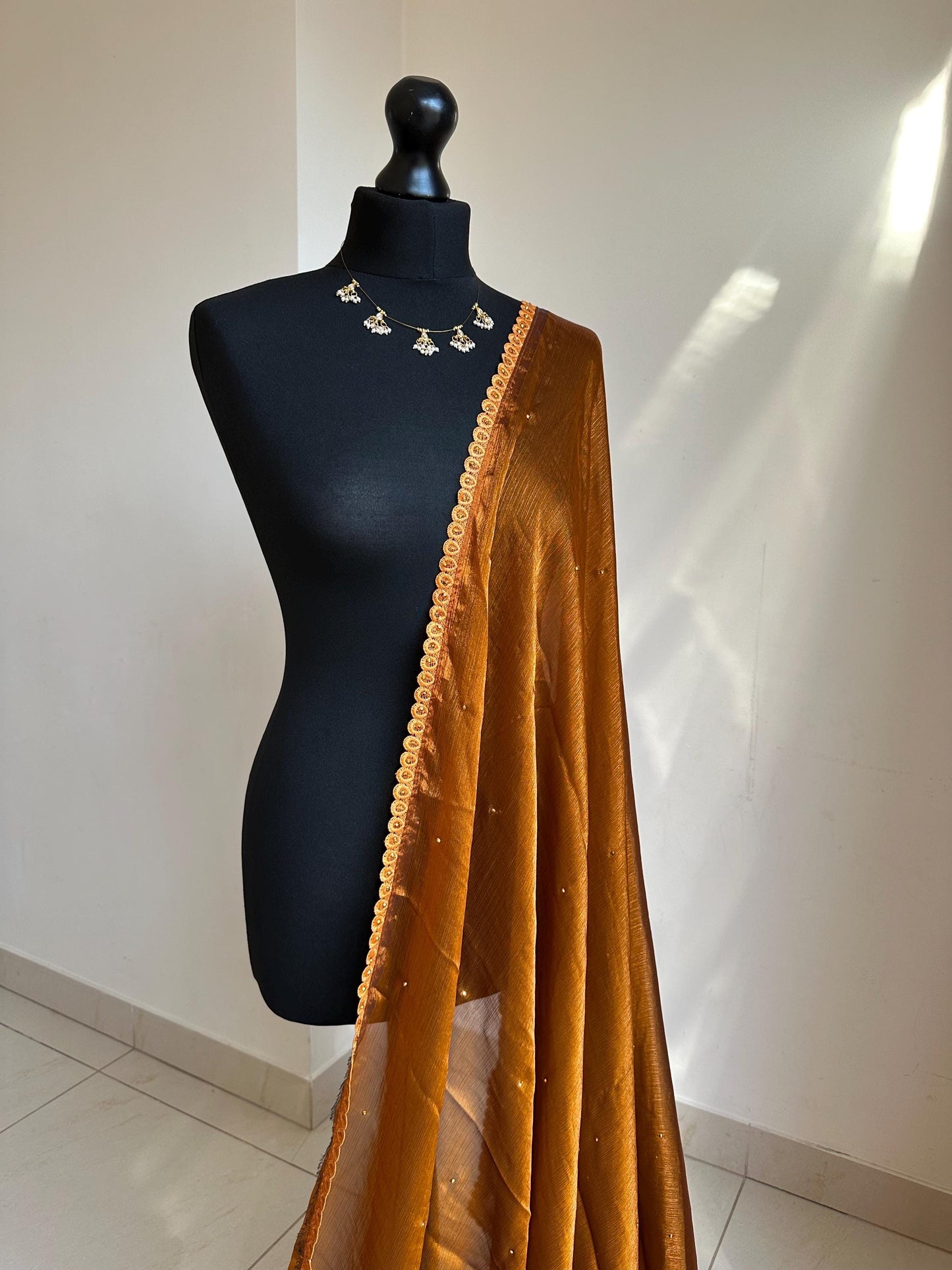 Dual toned rust party designer saree with trim border and contrast floral blouse. Unique statement saree can styled with other blouses