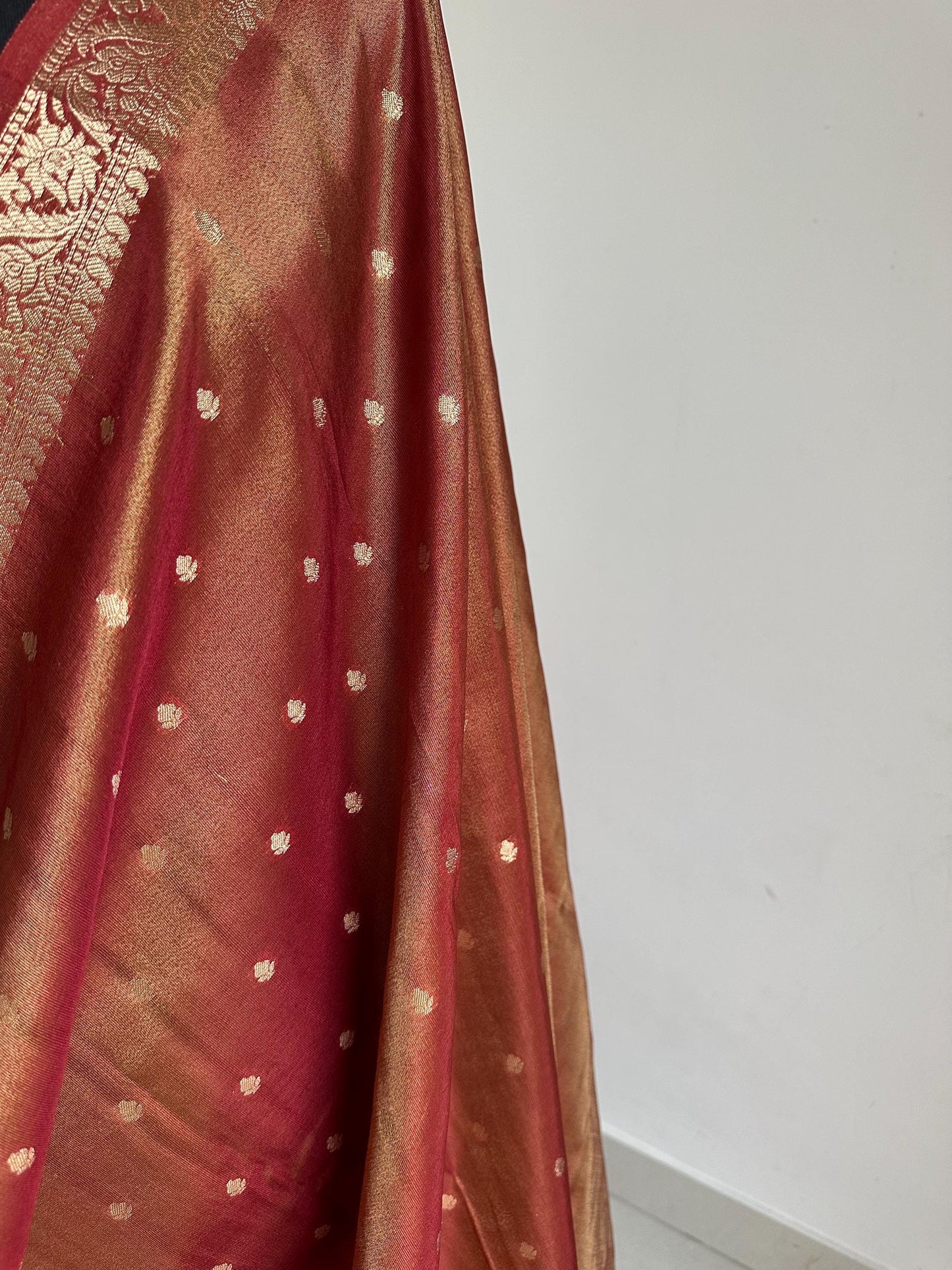 Rust red and Gold Tissue Saree: Soft to drape with zari border and buta, Unstitched brocade Blouse, Wedding Events