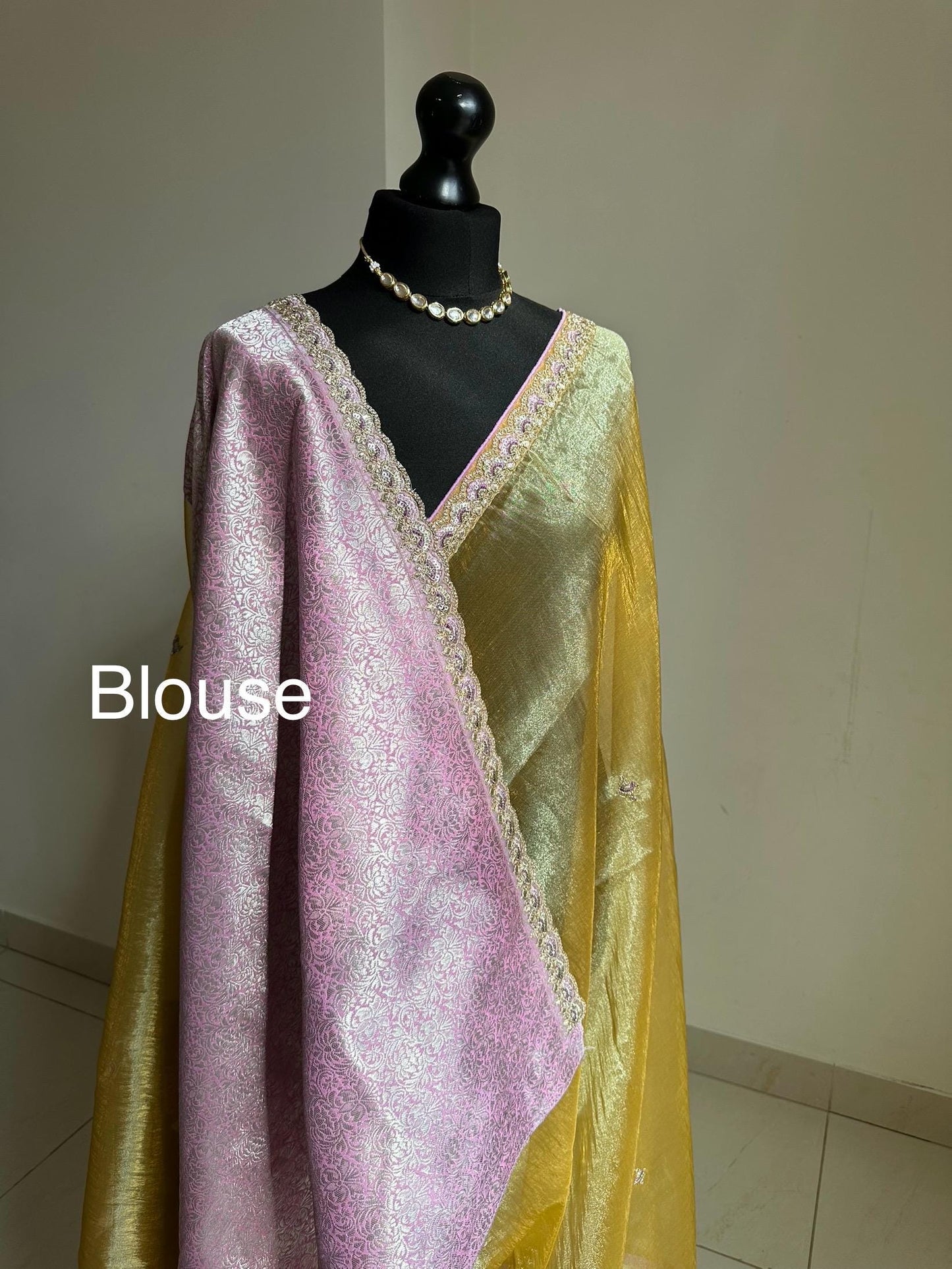 Handmade Yellow Gold Tissue Saree with lilac border. Soft Drape, Unstitched Blouse