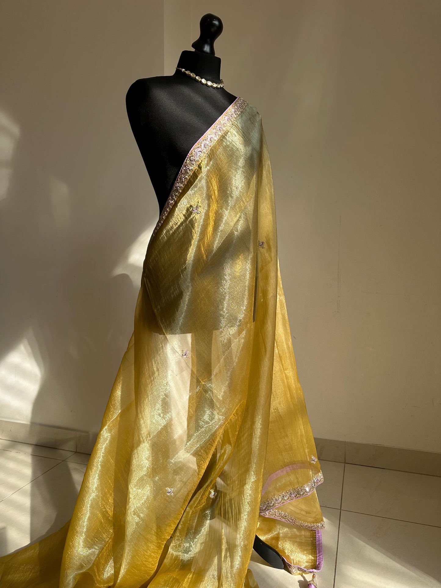 Handmade Yellow Gold Tissue Saree with lilac border. Soft Drape, Unstitched Blouse