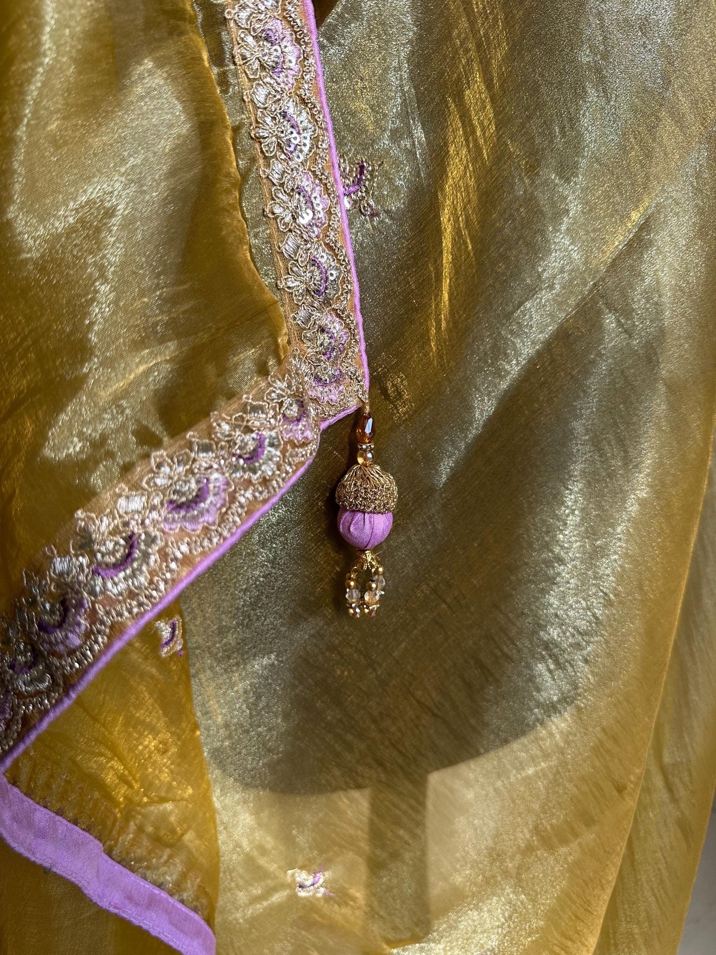Handmade Yellow Gold Tissue Saree with lilac border. Soft Drape, Unstitched Blouse