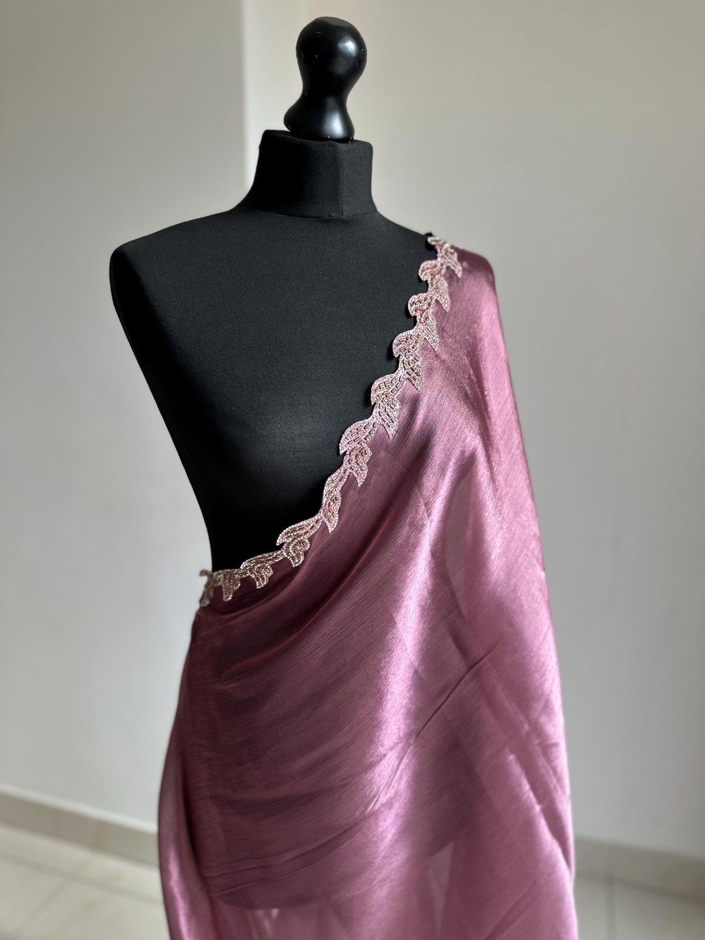 Dusty Rose Silk Saree with embellished Leaf Border | Elegant Party Wear Saree | Minimal Designer Saree | Soft glass chiffon Silk Drape