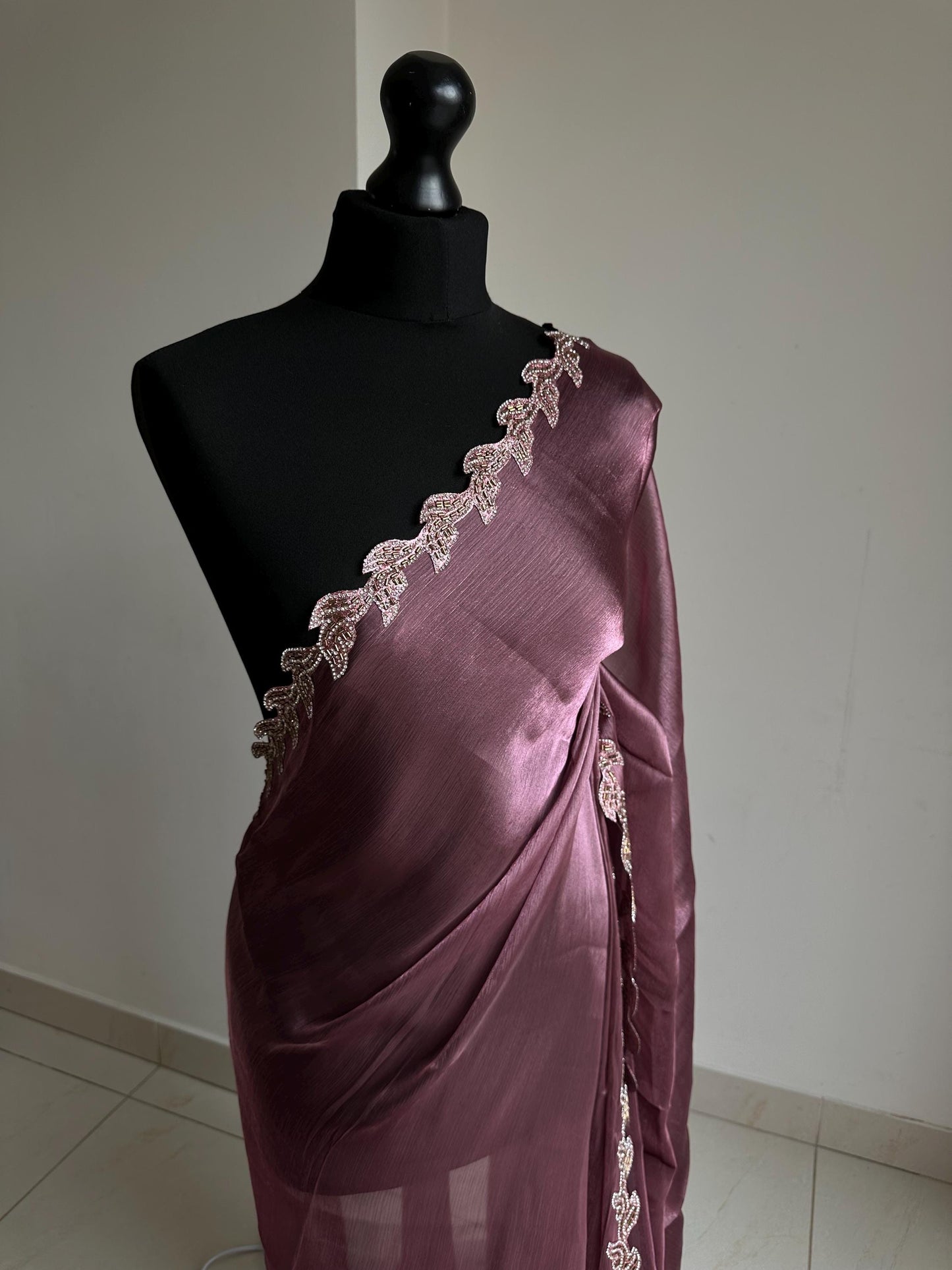 Dusty Rose Silk Saree with embellished Leaf Border | Elegant Party Wear Saree | Minimal Designer Saree | Soft glass chiffon Silk Drape