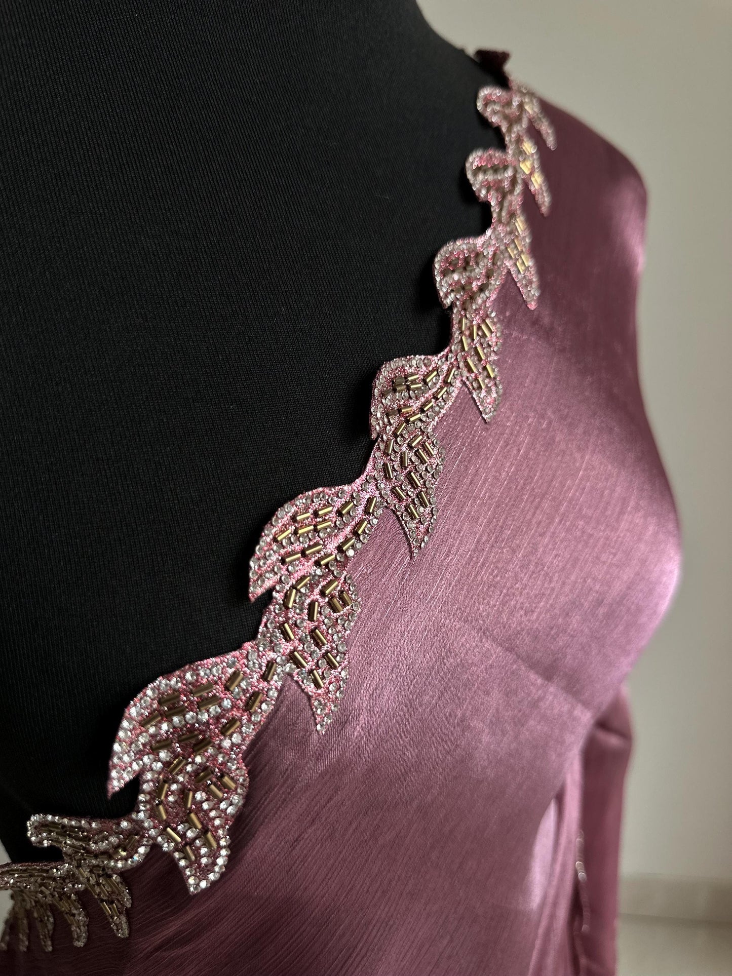 Dusty Rose Silk Saree with embellished Leaf Border | Elegant Party Wear Saree | Minimal Designer Saree | Soft glass chiffon Silk Drape