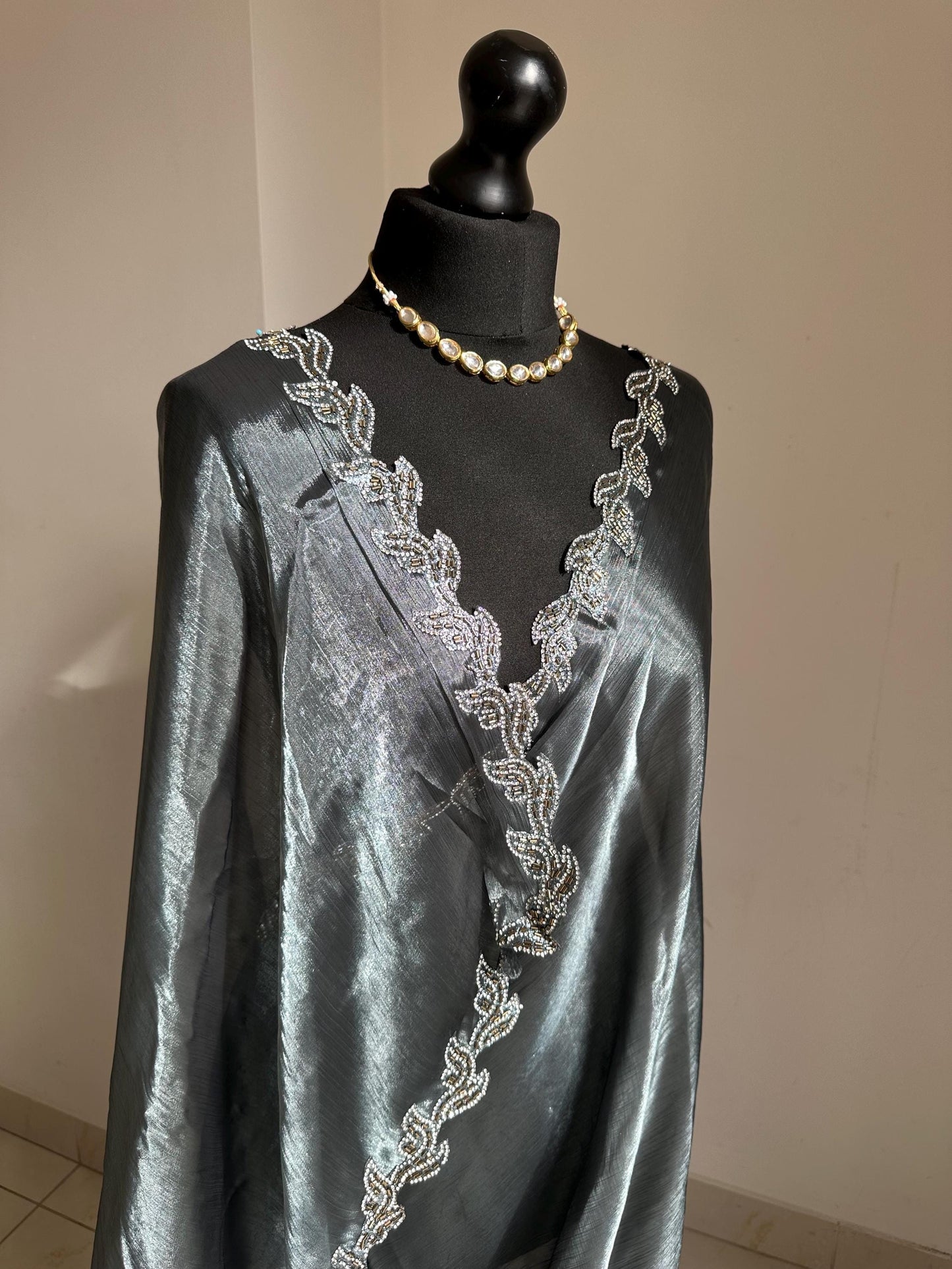 Steel blue Saree with embellished Leaf Border | Elegant Party Wear Saree | Minimal Designer Saree | Soft glass chiffon Silk Drape
