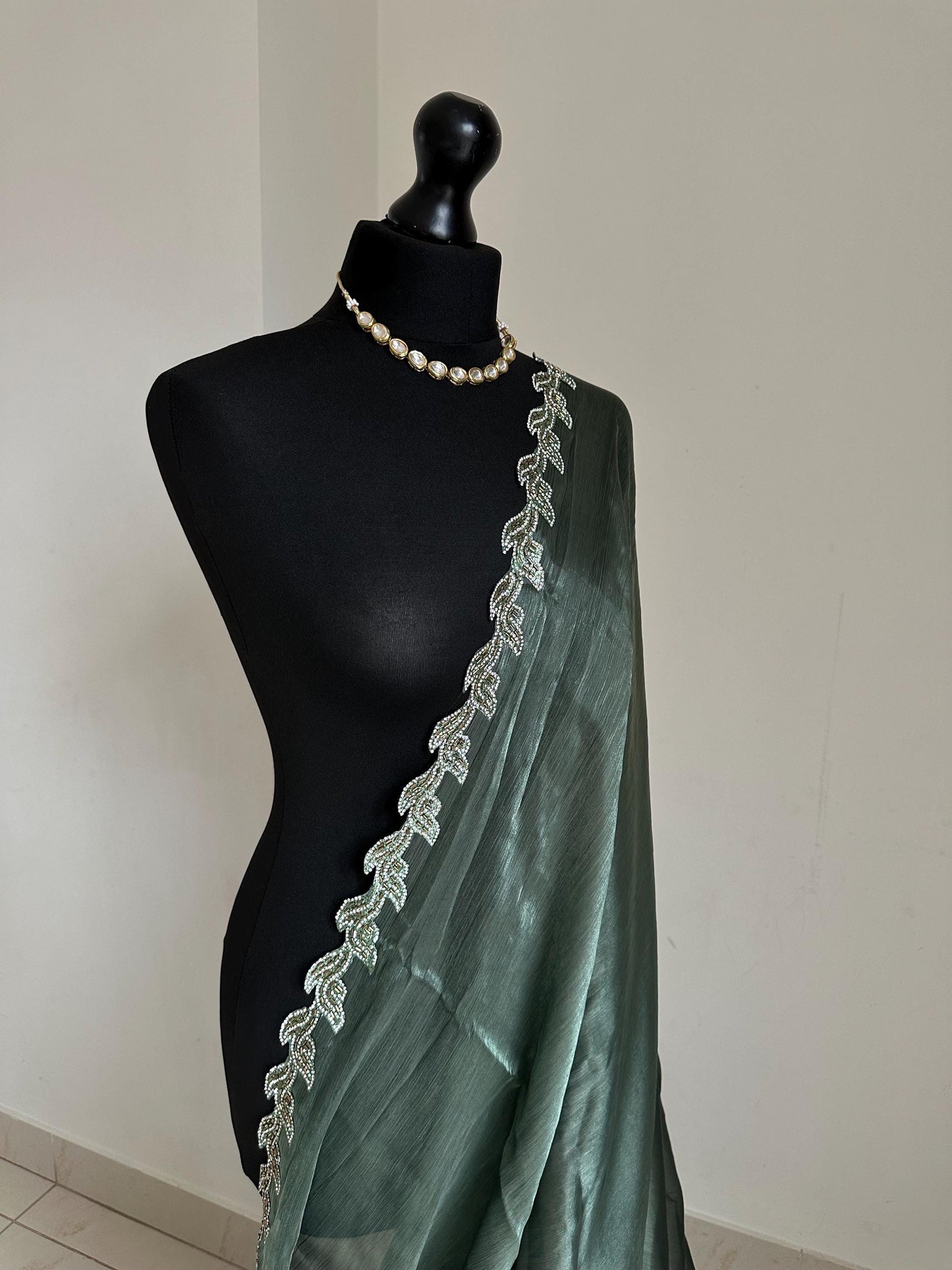 Teal green Saree with embellished Leaf Border | Elegant Party Wear Saree | Minimal Designer Saree | Soft glass chiffon Silk Drape