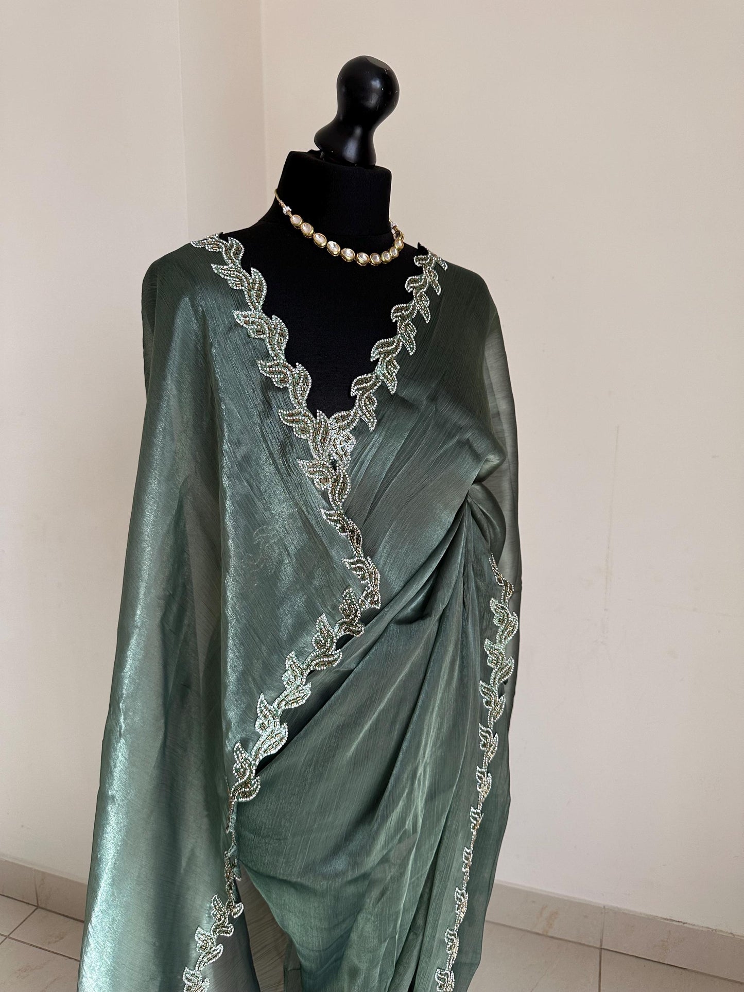 Teal green Saree with embellished Leaf Border | Elegant Party Wear Saree | Minimal Designer Saree | Soft glass chiffon Silk Drape