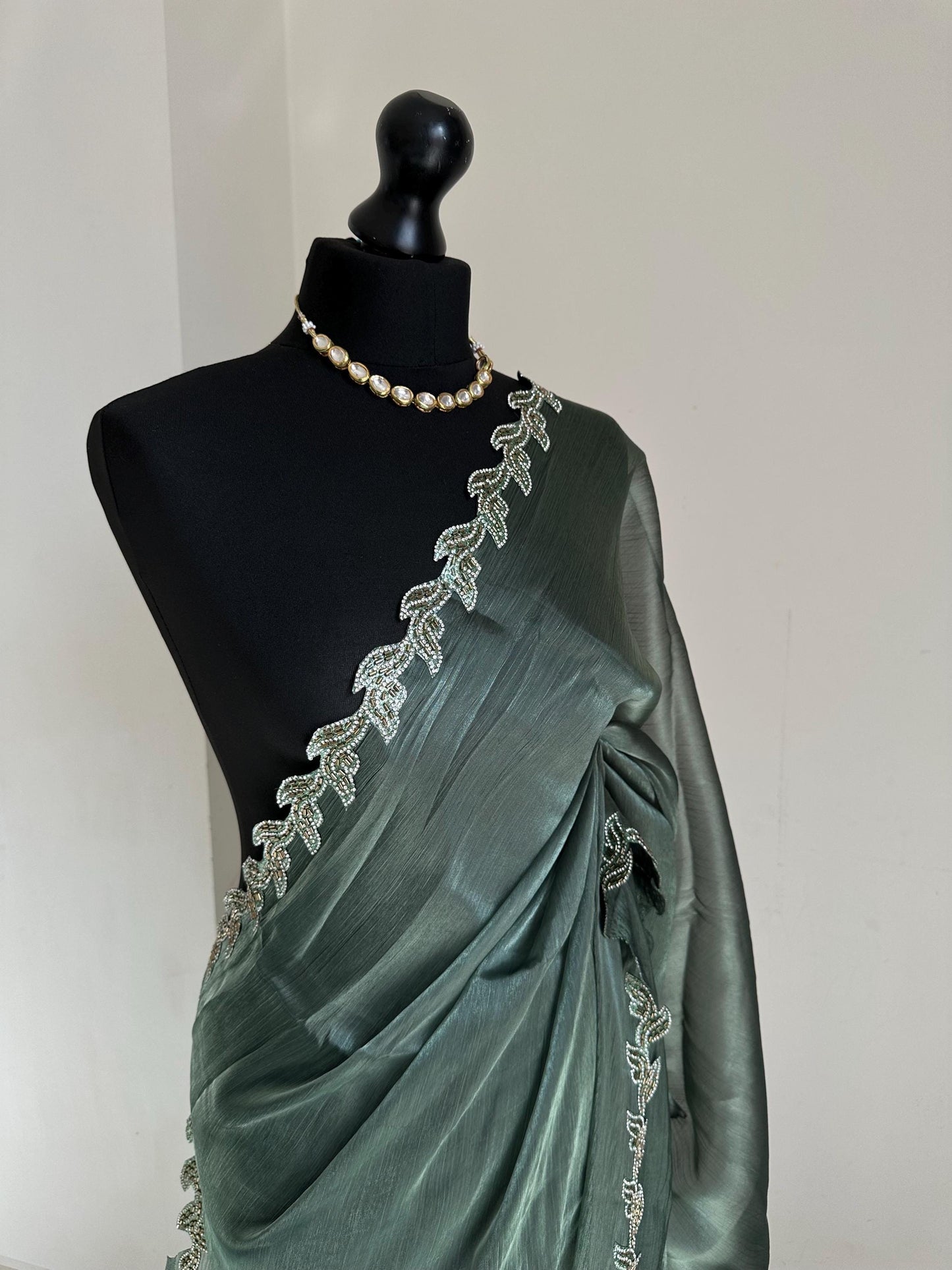 Teal green Saree with embellished Leaf Border | Elegant Party Wear Saree | Minimal Designer Saree | Soft glass chiffon Silk Drape