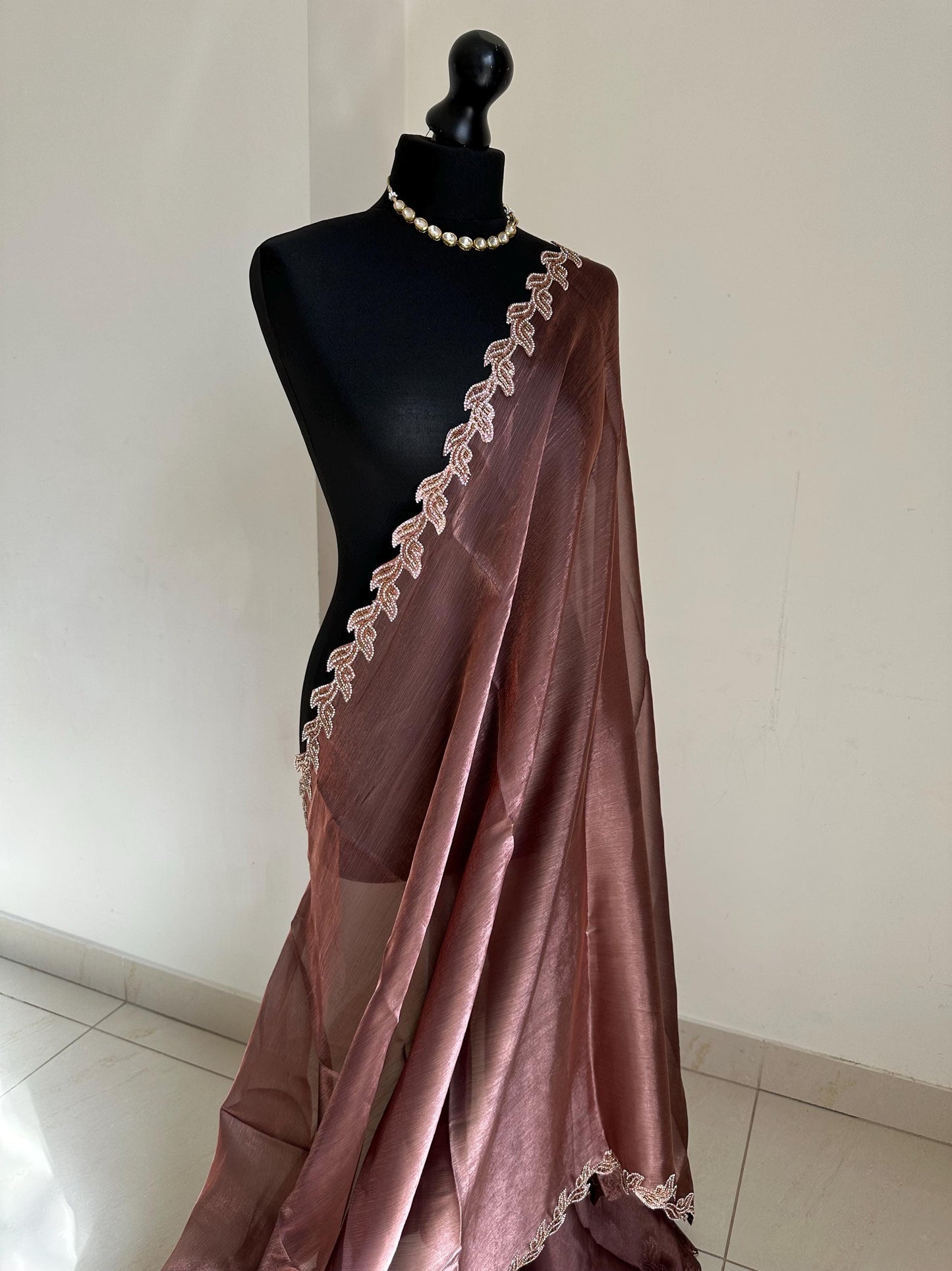 Chestnut brown party Saree with embellished Leaf Border | Elegant Party Wear Saree | Minimal Designer Saree | Soft glass chiffon Silk Drape